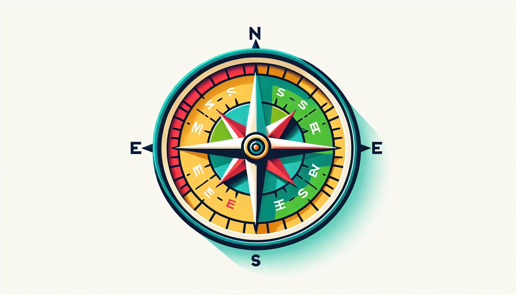 Compass in flat illustration style and white background, red #f47574, green #88c7a8, yellow #fcc44b, and blue #645bc8 colors.