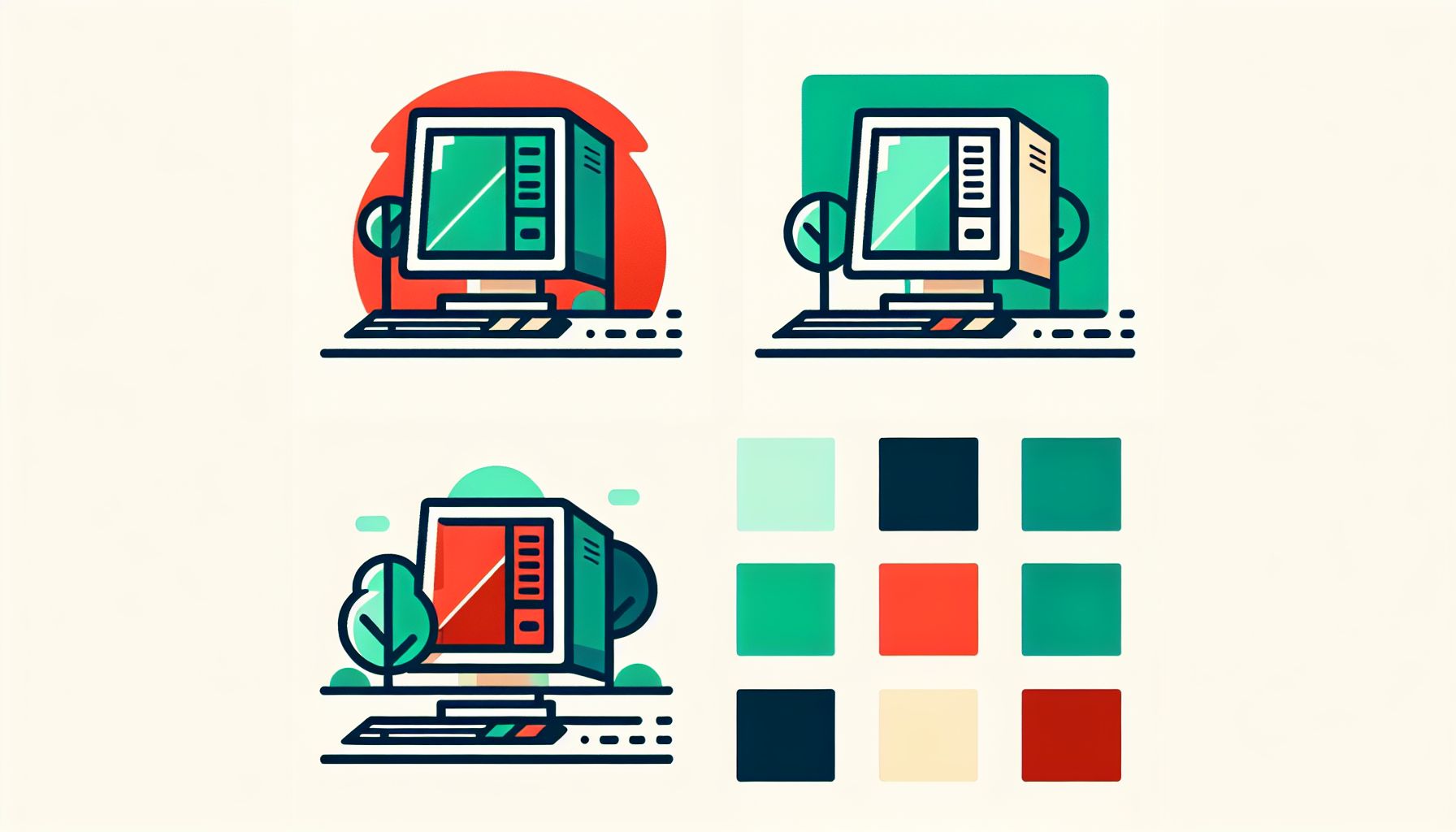 Computer in flat illustration style and white background, red #f47574, green #88c7a8, yellow #fcc44b, and blue #645bc8 colors.