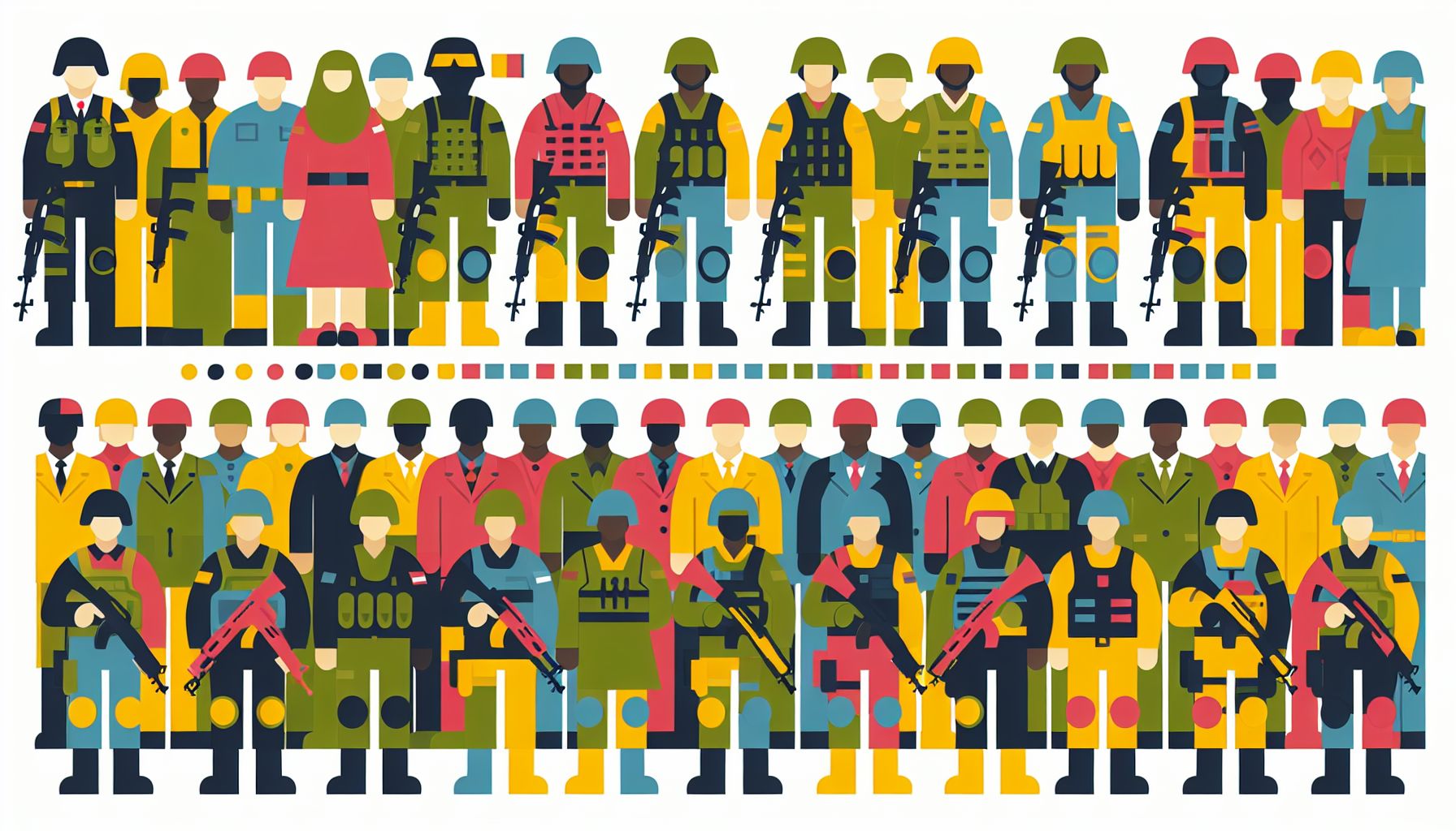 Troops in flat illustration style and white background, red #f47574, green #88c7a8, yellow #fcc44b, and blue #645bc8 colors.