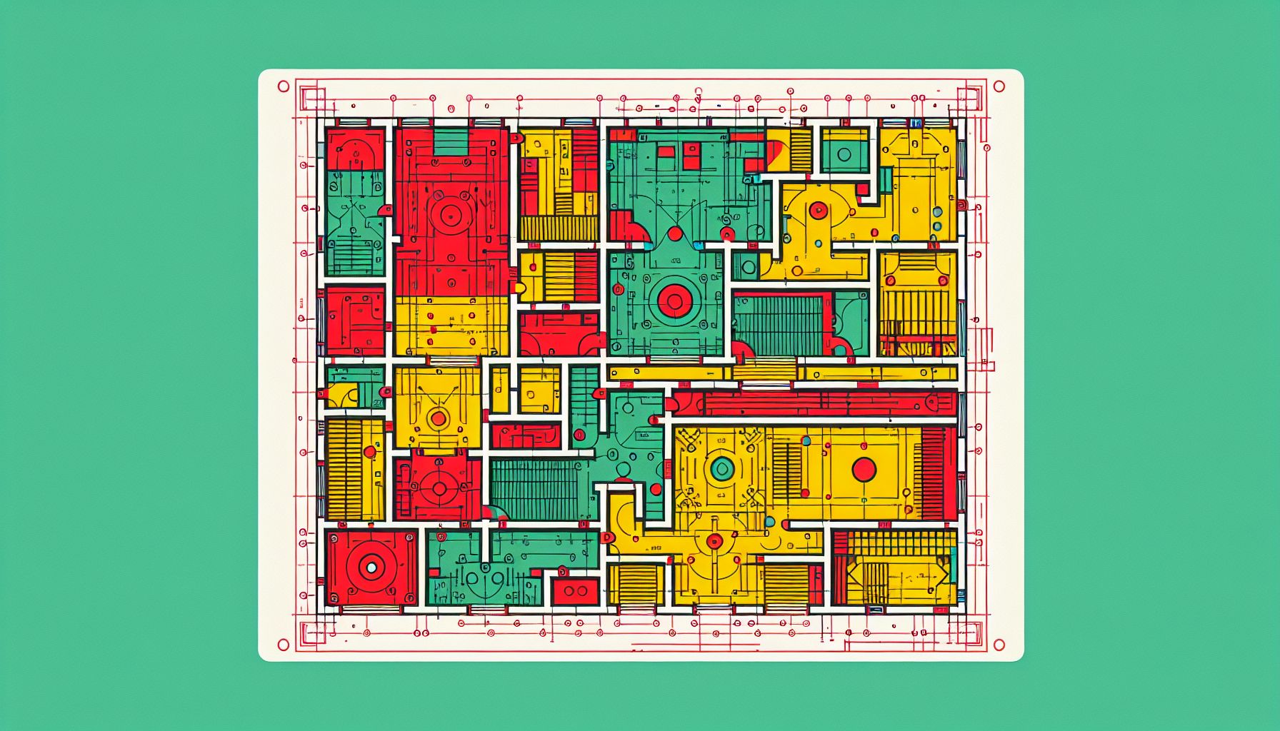 Blueprint in flat illustration style and white background, red #f47574, green #88c7a8, yellow #fcc44b, and blue #645bc8 colors.