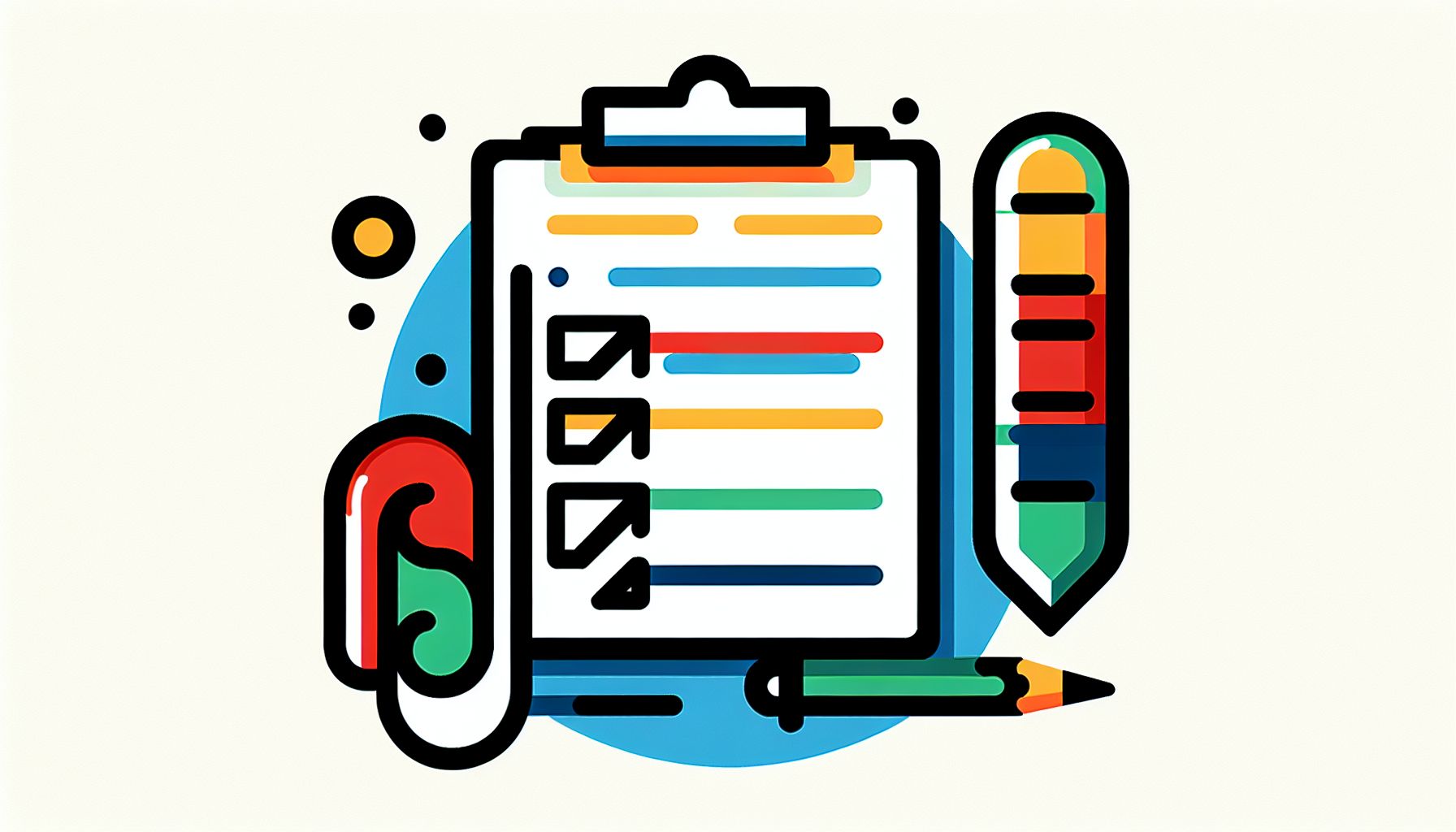 Checklist in flat illustration style and white background, red #f47574, green #88c7a8, yellow #fcc44b, and blue #645bc8 colors.