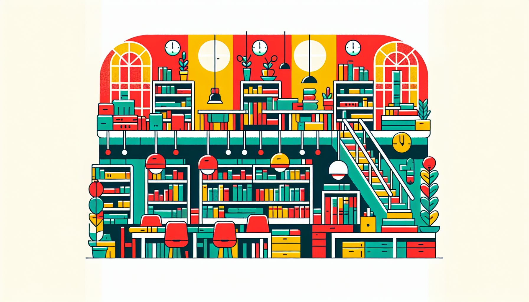 Library in flat illustration style and white background, red #f47574, green #88c7a8, yellow #fcc44b, and blue #645bc8 colors.