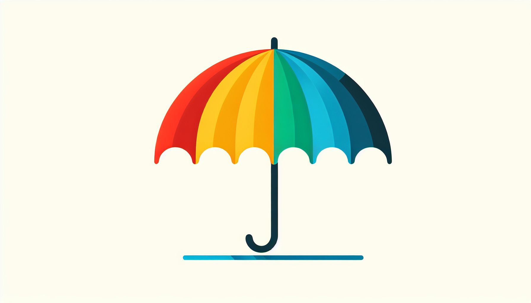 Umbrella in flat illustration style and white background, red #f47574, green #88c7a8, yellow #fcc44b, and blue #645bc8 colors.