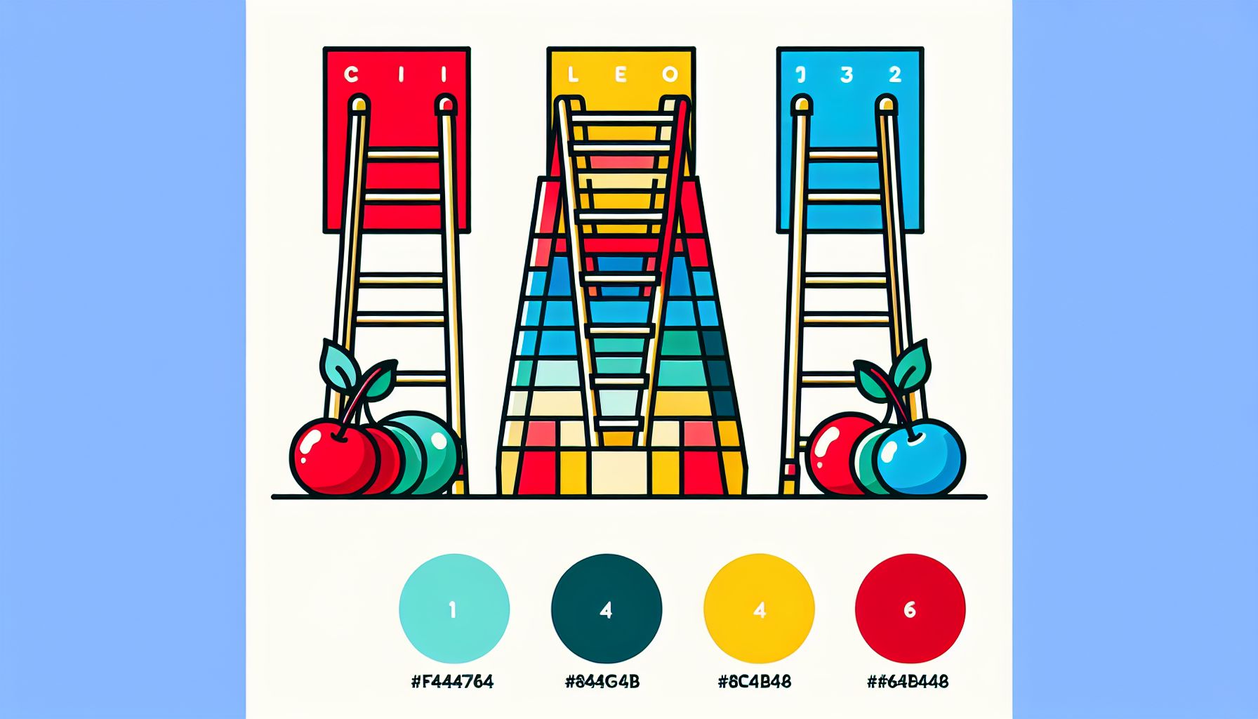 Ladder in flat illustration style and white background, red #f47574, green #88c7a8, yellow #fcc44b, and blue #645bc8 colors.