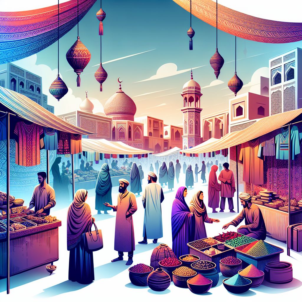 Bazaar in illustration style with gradients and white background