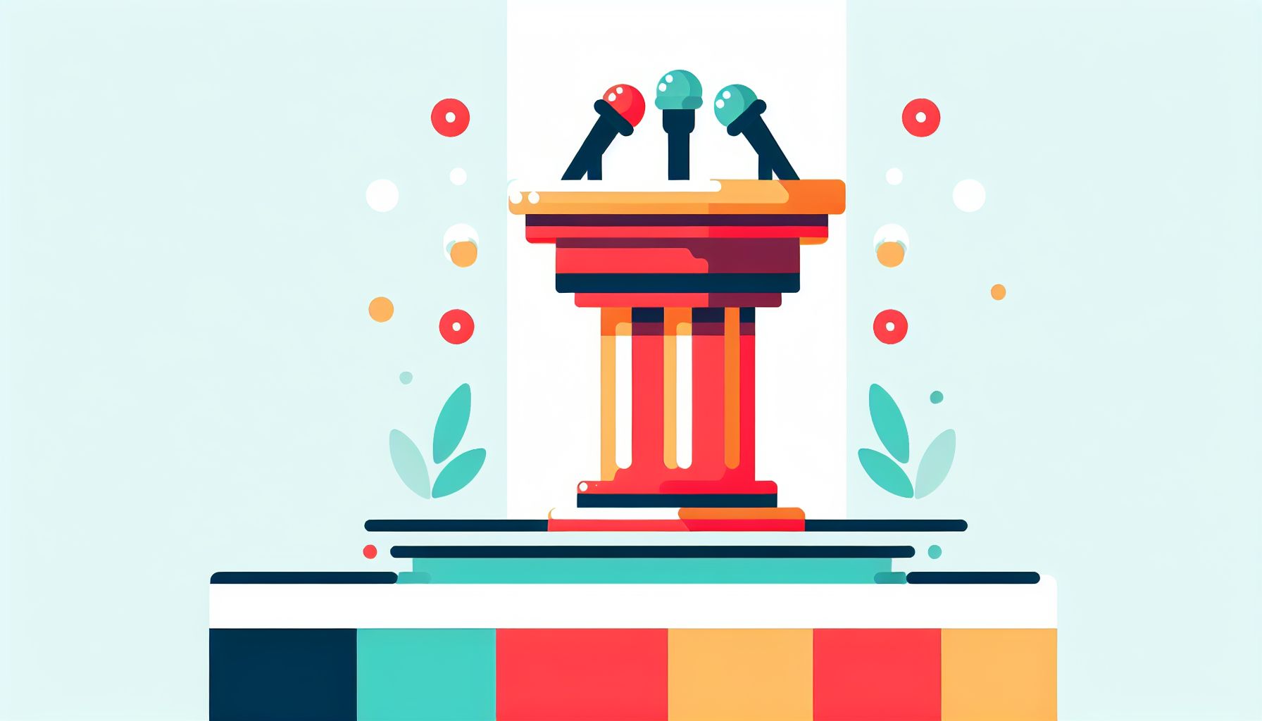 Podium in flat illustration style and white background, red #f47574, green #88c7a8, yellow #fcc44b, and blue #645bc8 colors.