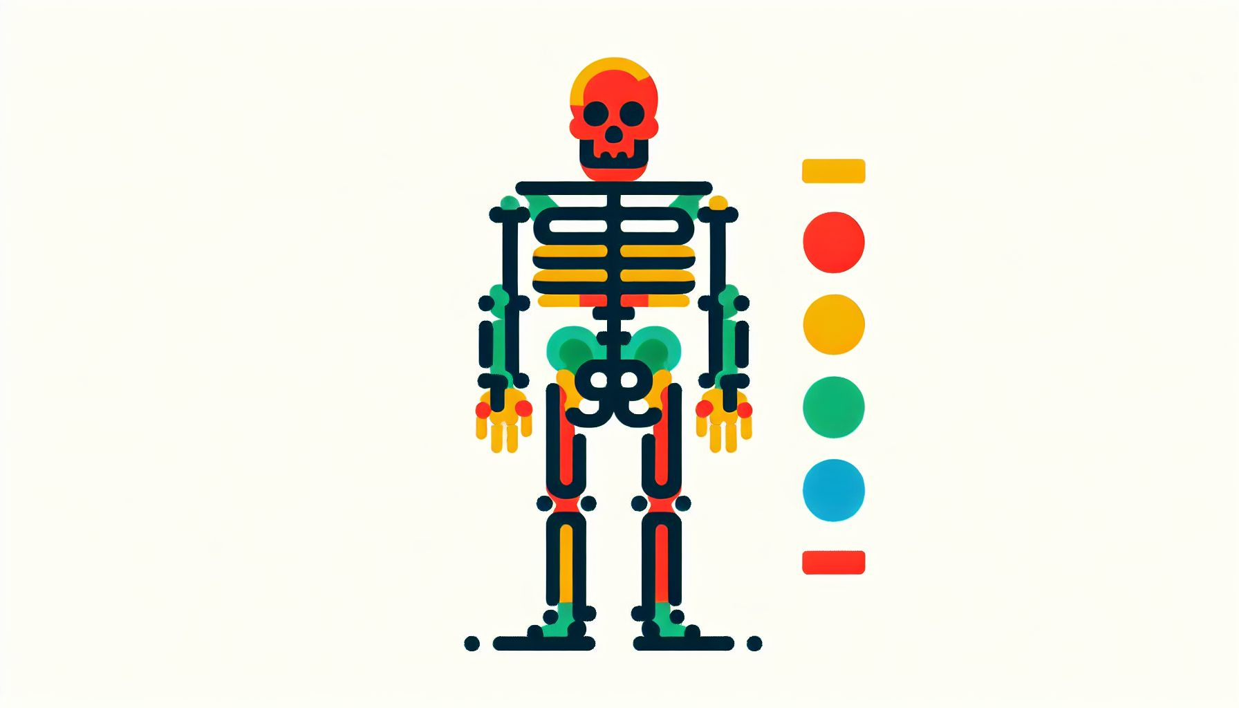 Skeleton in flat illustration style and white background, red #f47574, green #88c7a8, yellow #fcc44b, and blue #645bc8 colors.