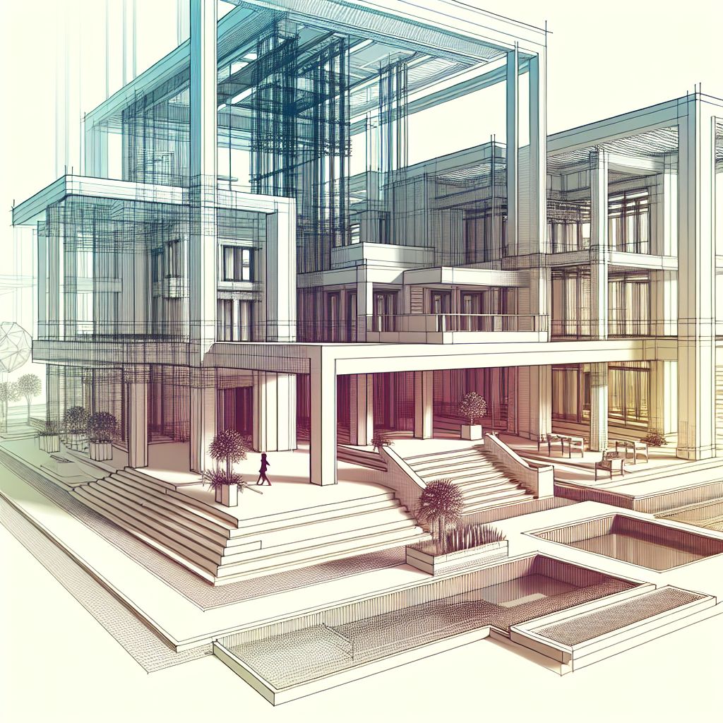 Architectural design in illustration style with gradients and white background