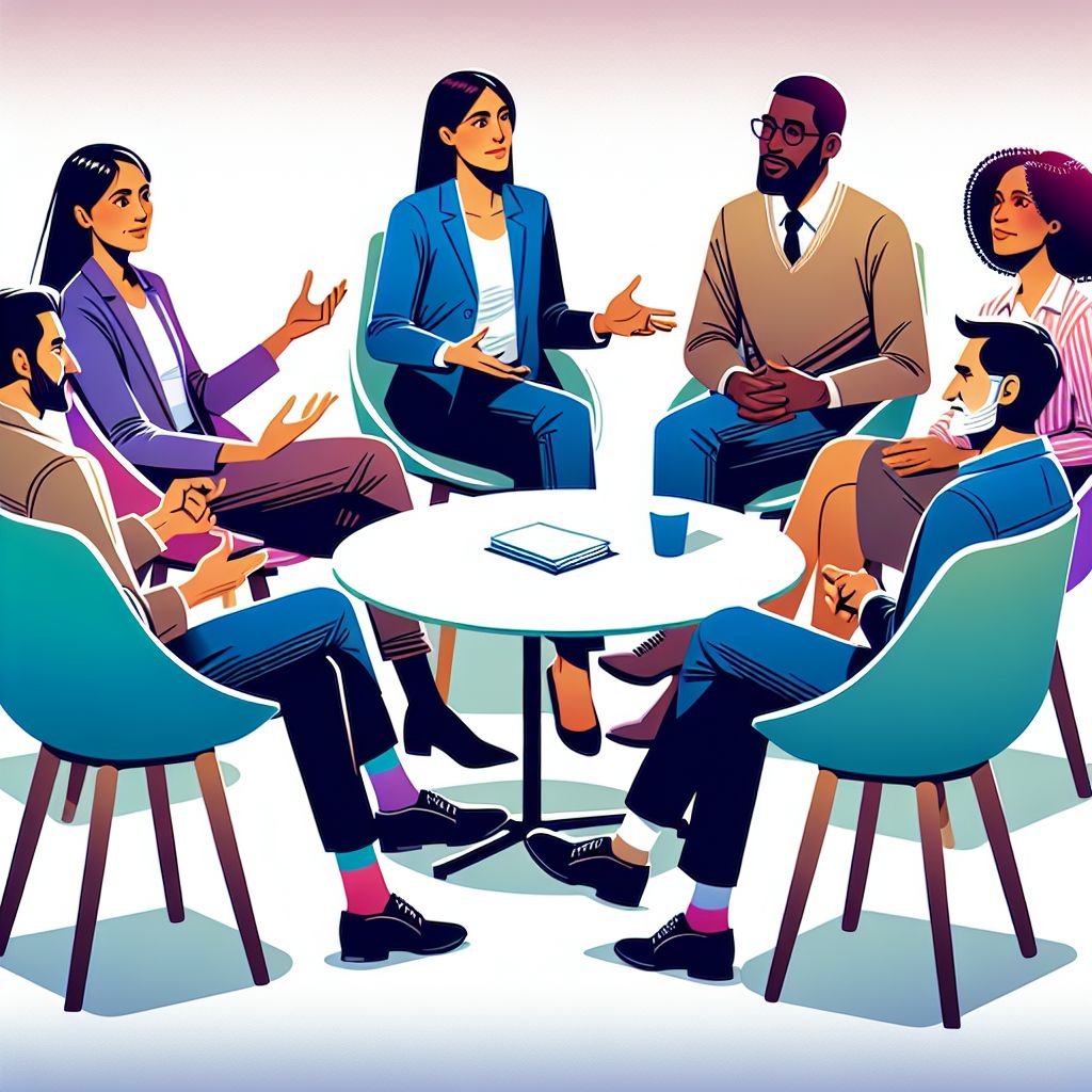 Focus group discussion in illustration style with gradients and white background