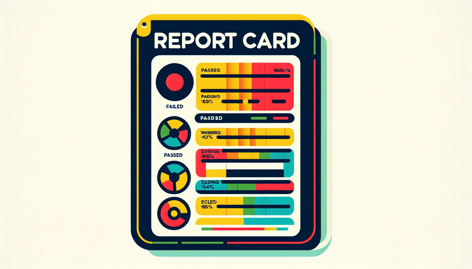 Report card in flat illustration style and white background, red #f47574, green #88c7a8, yellow #fcc44b, and blue #645bc8 colors.