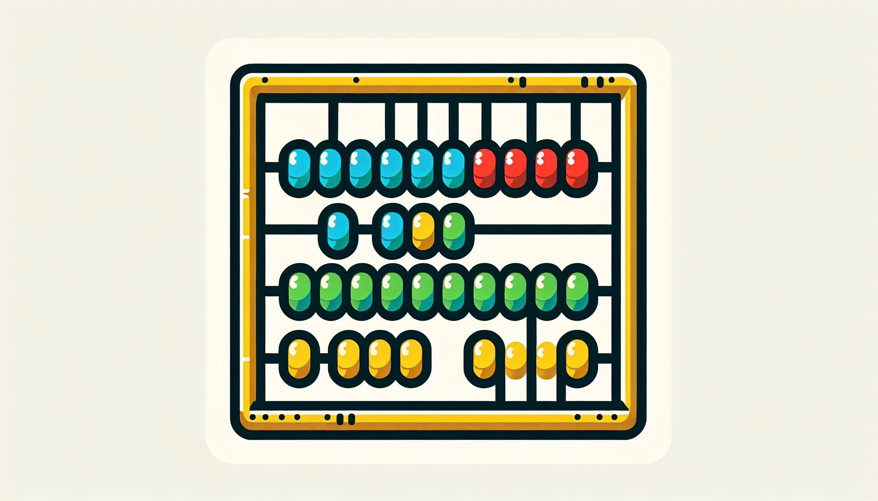 Abacus in flat illustration style and white background, red #f47574, green #88c7a8, yellow #fcc44b, and blue #645bc8 colors.