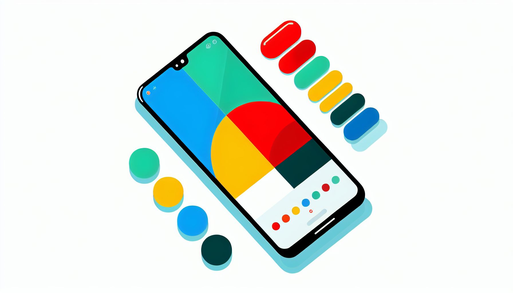 Smartphone in flat illustration style and white background, red #f47574, green #88c7a8, yellow #fcc44b, and blue #645bc8 colors.