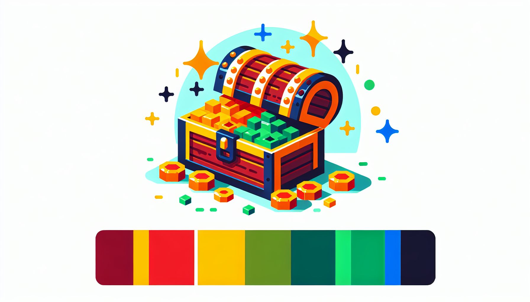 Treasure Chest in flat illustration style and white background, red #f47574, green #88c7a8, yellow #fcc44b, and blue #645bc8 colors.