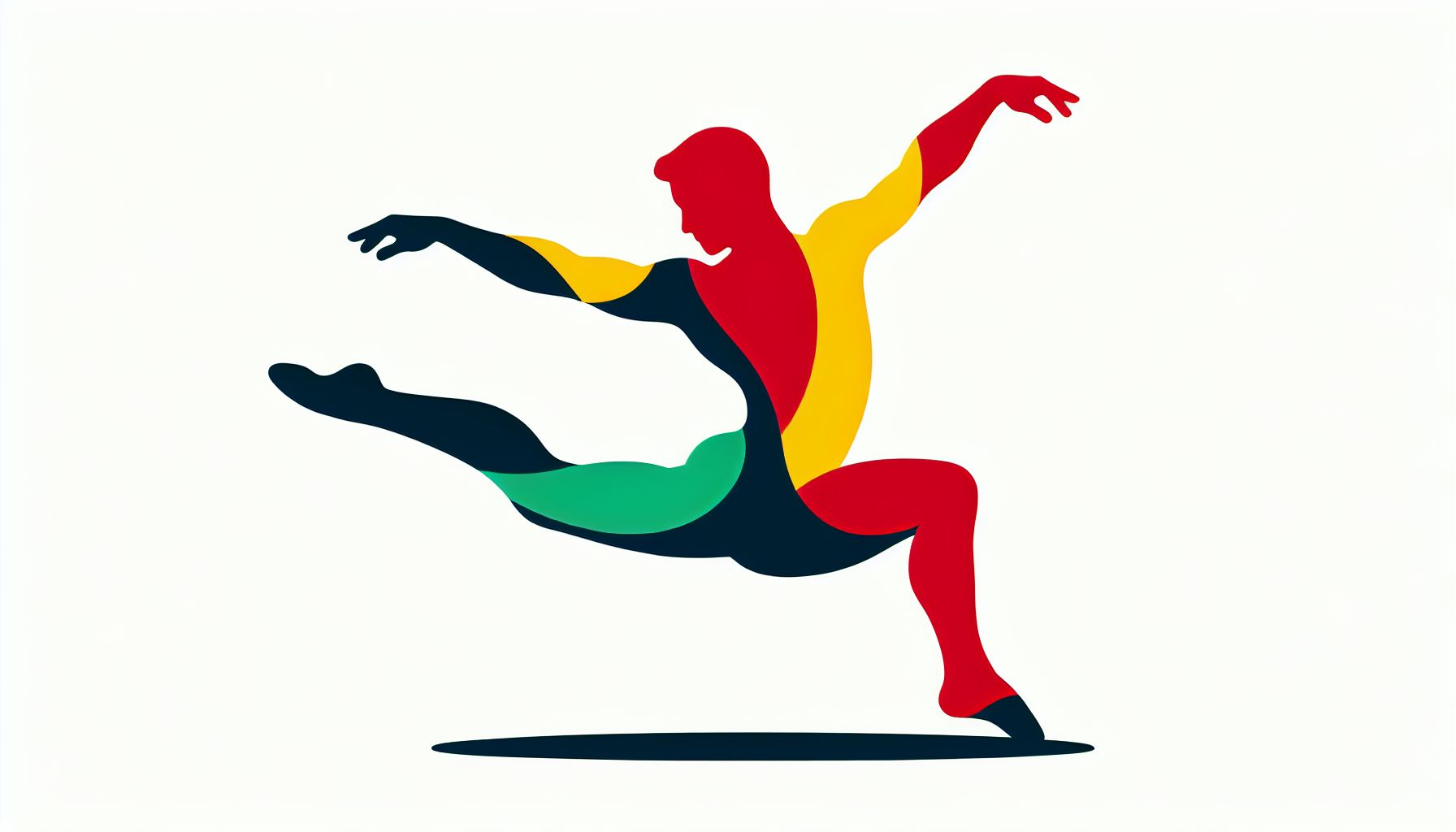 Gymnast in flat illustration style and white background, red #f47574, green #88c7a8, yellow #fcc44b, and blue #645bc8 colors.