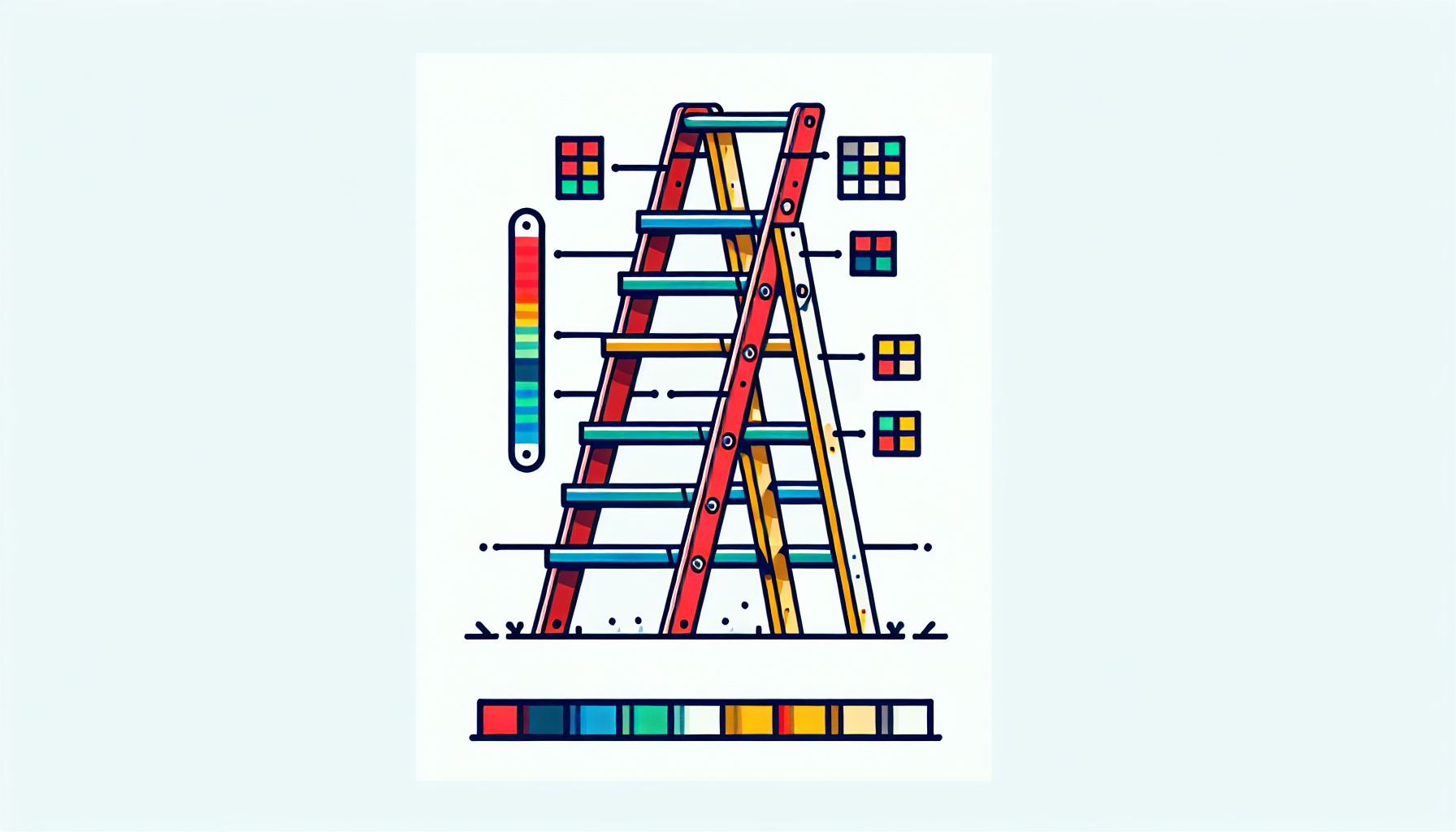 Ladder in flat illustration style and white background, red #f47574, green #88c7a8, yellow #fcc44b, and blue #645bc8 colors.