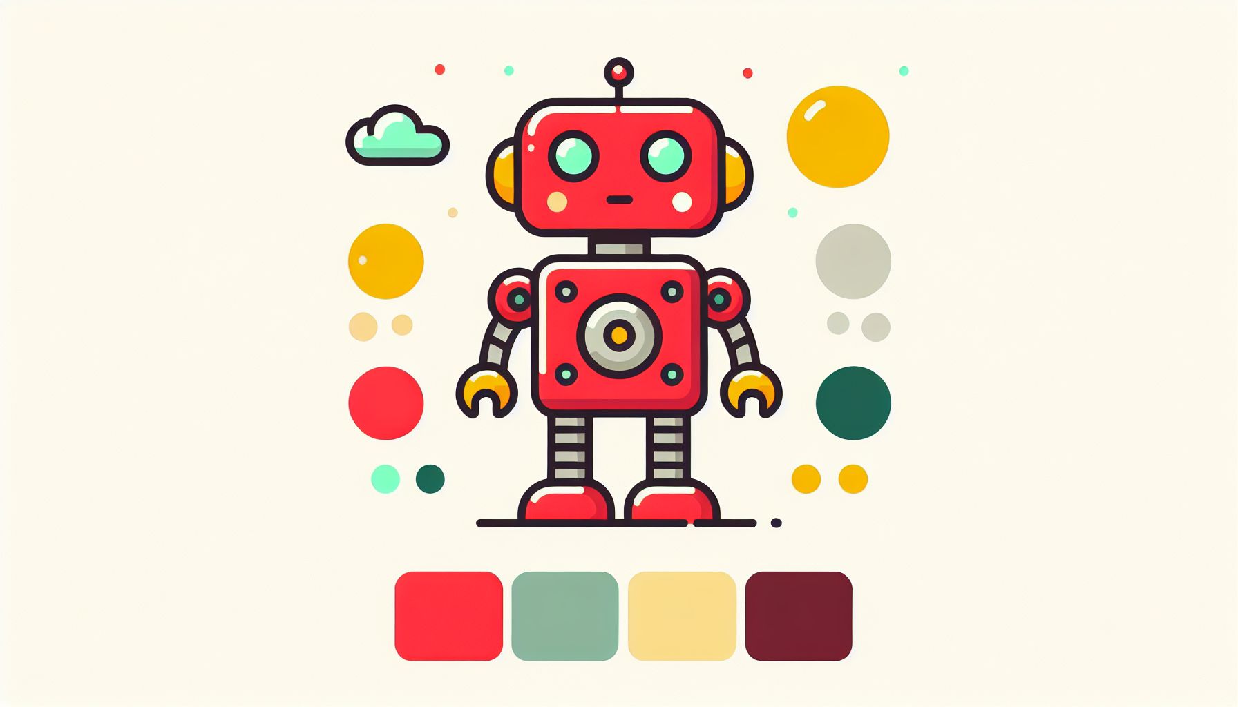 Robot in flat illustration style and white background, red #f47574, green #88c7a8, yellow #fcc44b, and blue #645bc8 colors.