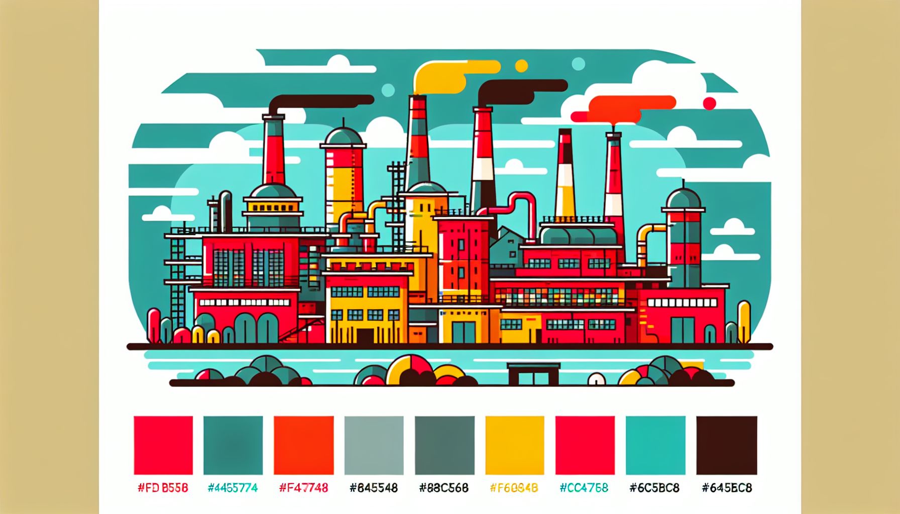 Factory in flat illustration style and white background, red #f47574, green #88c7a8, yellow #fcc44b, and blue #645bc8 colors.