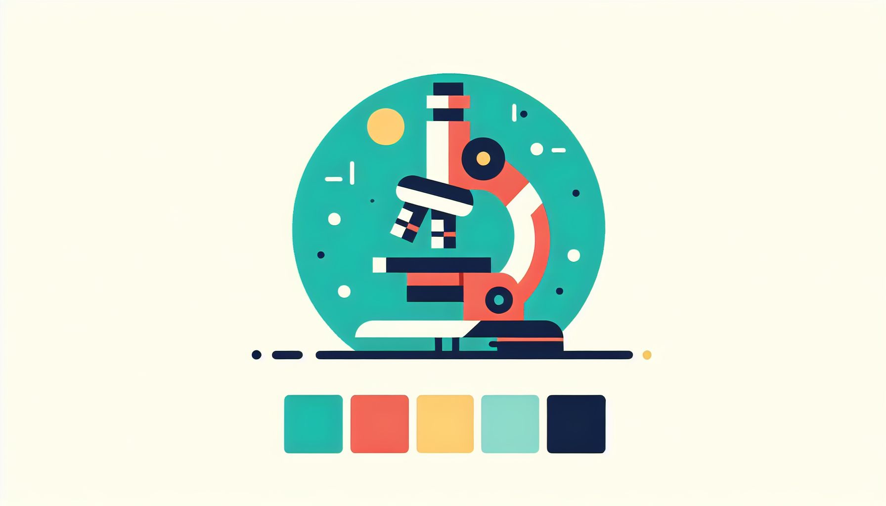Microscope in flat illustration style and white background, red #f47574, green #88c7a8, yellow #fcc44b, and blue #645bc8 colors.