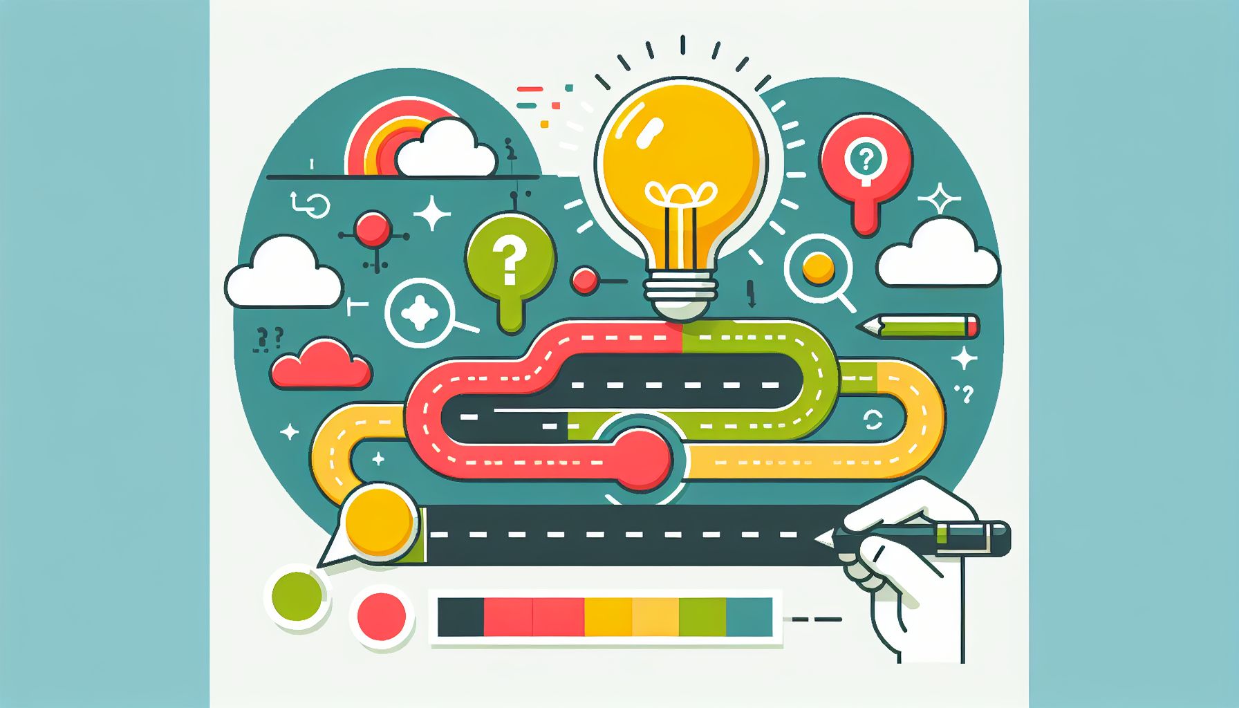 What is idea management roadmap? in flat illustration style and white background, red #f47574, green #88c7a8, yellow #fcc44b, and blue #645bc8 colors.