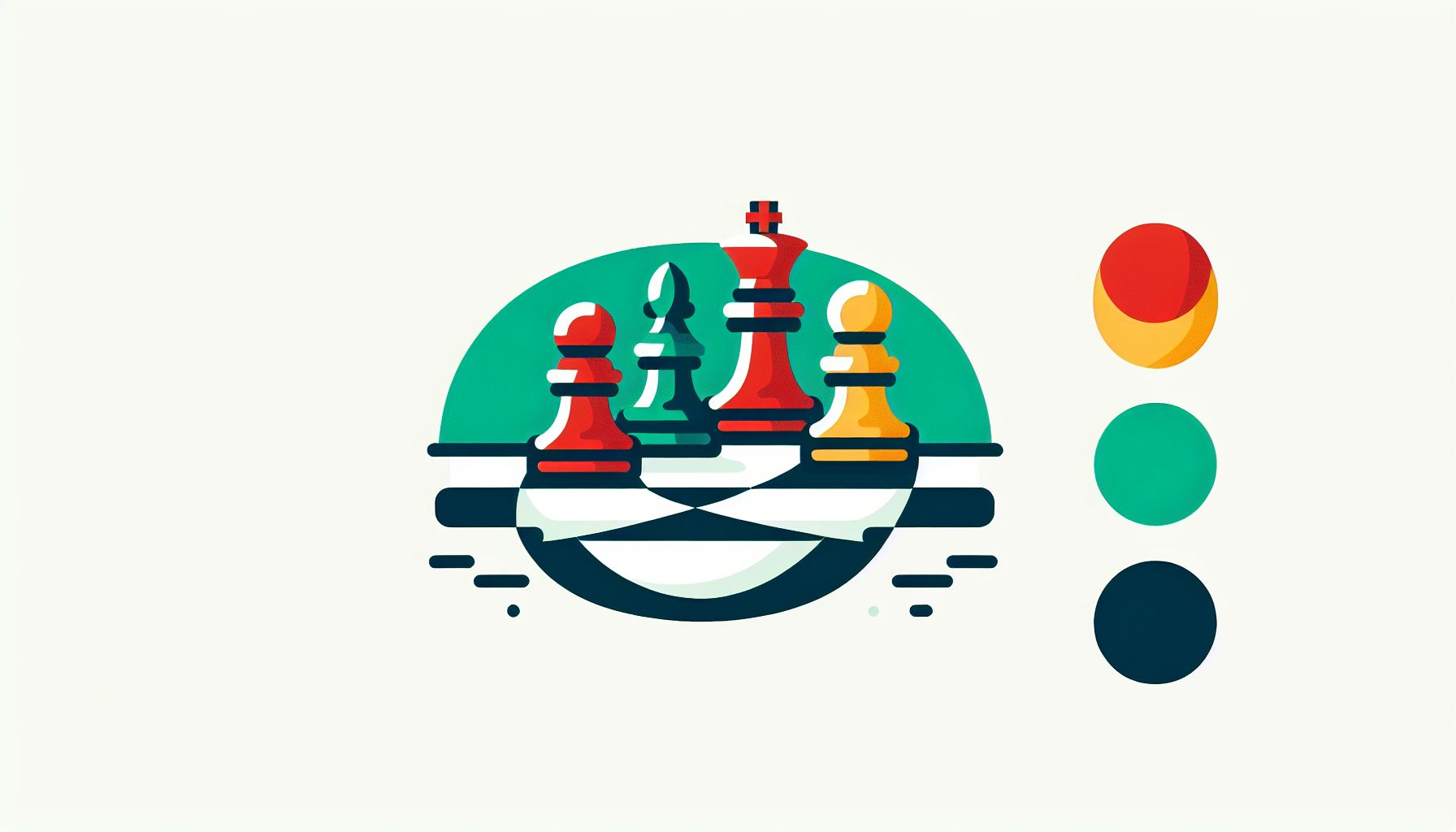 Chess in flat illustration style and white background, red #f47574, green #88c7a8, yellow #fcc44b, and blue #645bc8 colors.
