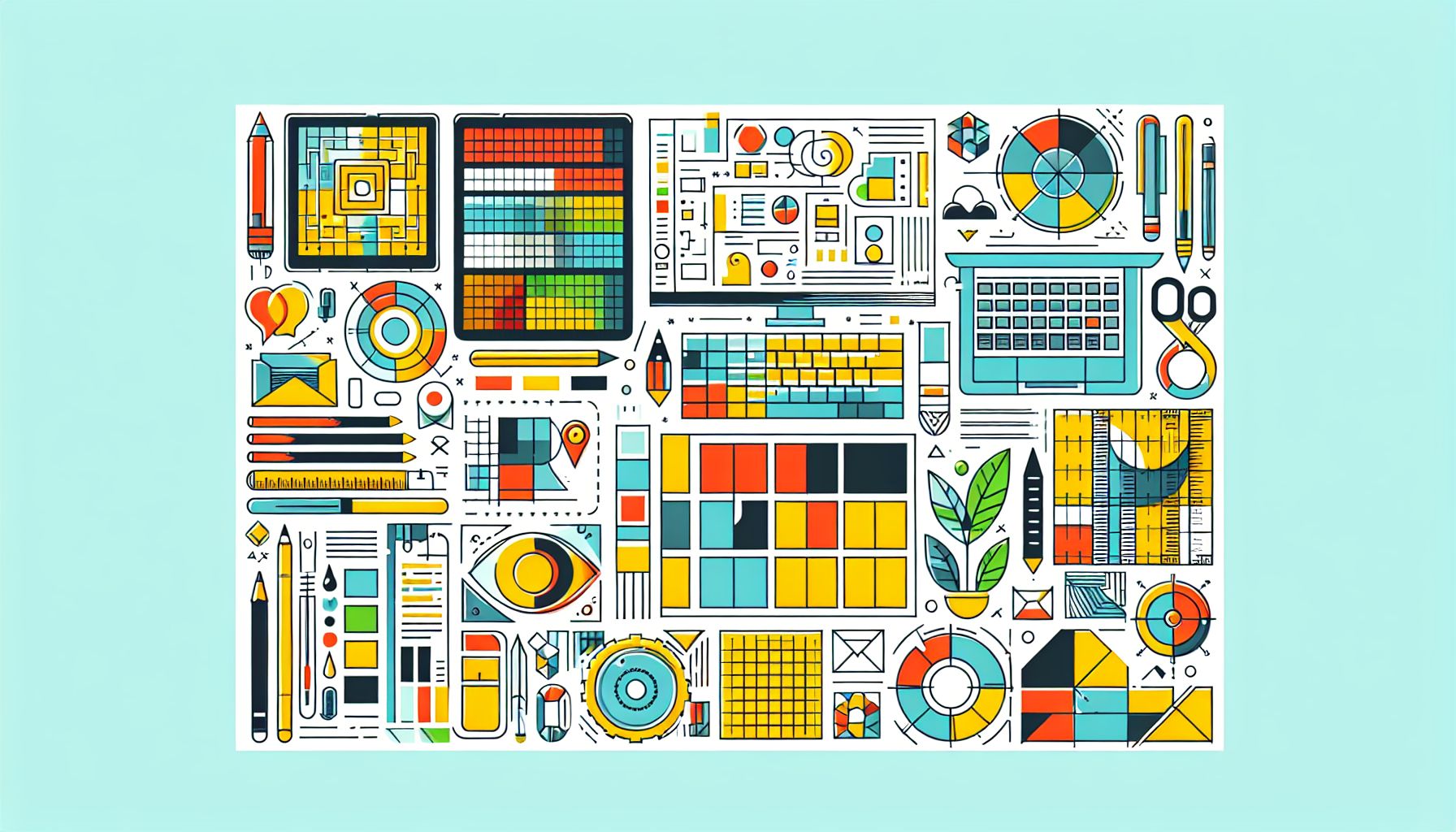 Blueprint in flat illustration style and white background, red #f47574, green #88c7a8, yellow #fcc44b, and blue #645bc8 colors.