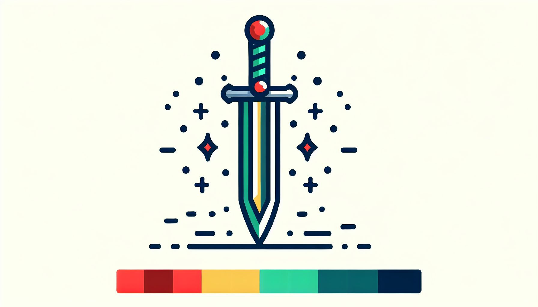 Sword in flat illustration style and white background, red #f47574, green #88c7a8, yellow #fcc44b, and blue #645bc8 colors.