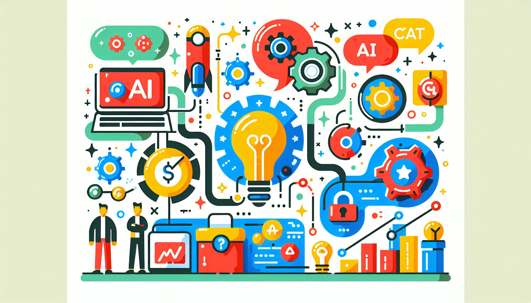 How can ChatGPT help startups? in flat illustration style and white background, red #f47574, green #88c7a8, yellow #fcc44b, and blue #645bc8 colors.