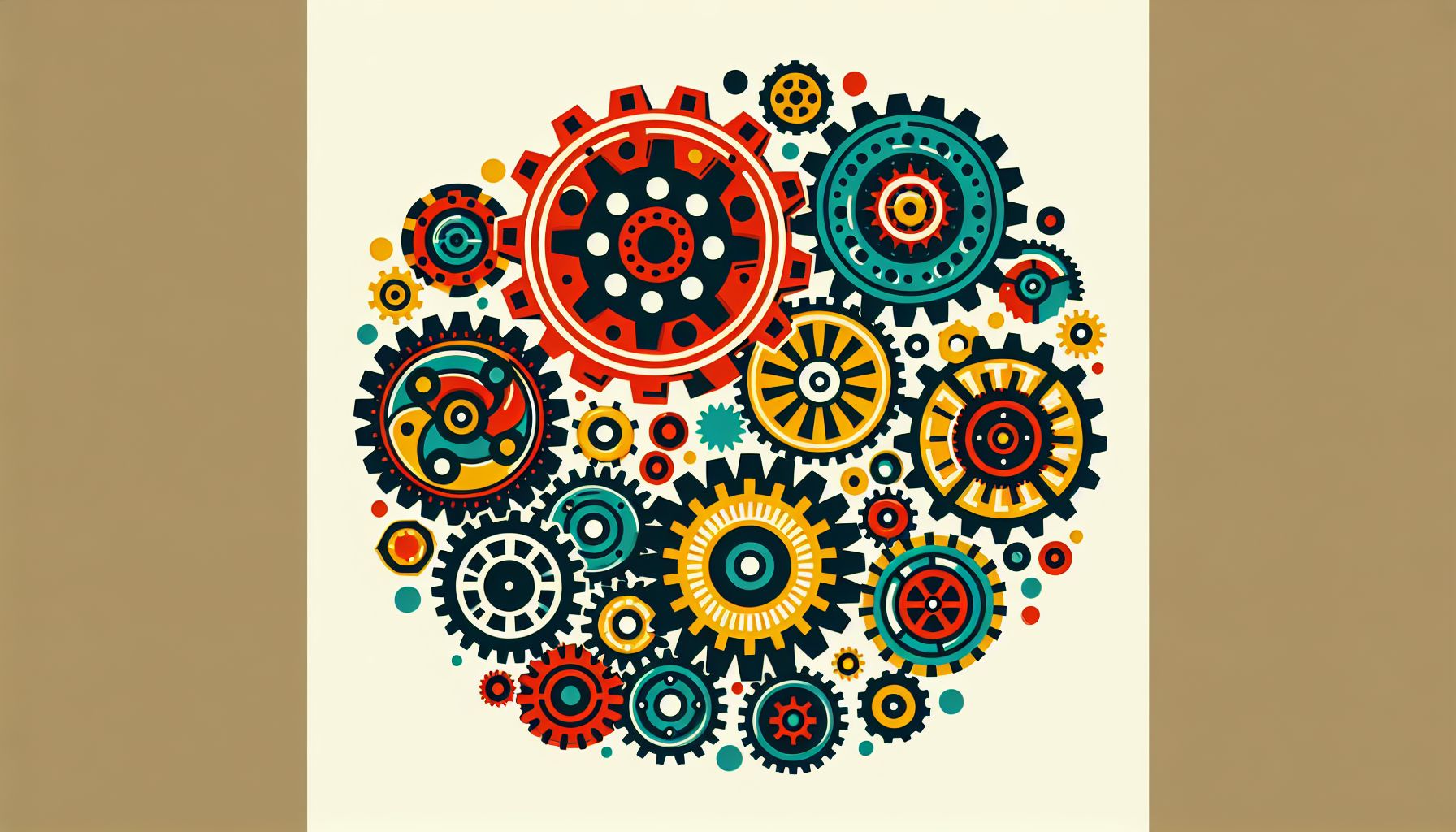 Gears in flat illustration style and white background, red #f47574, green #88c7a8, yellow #fcc44b, and blue #645bc8 colors.