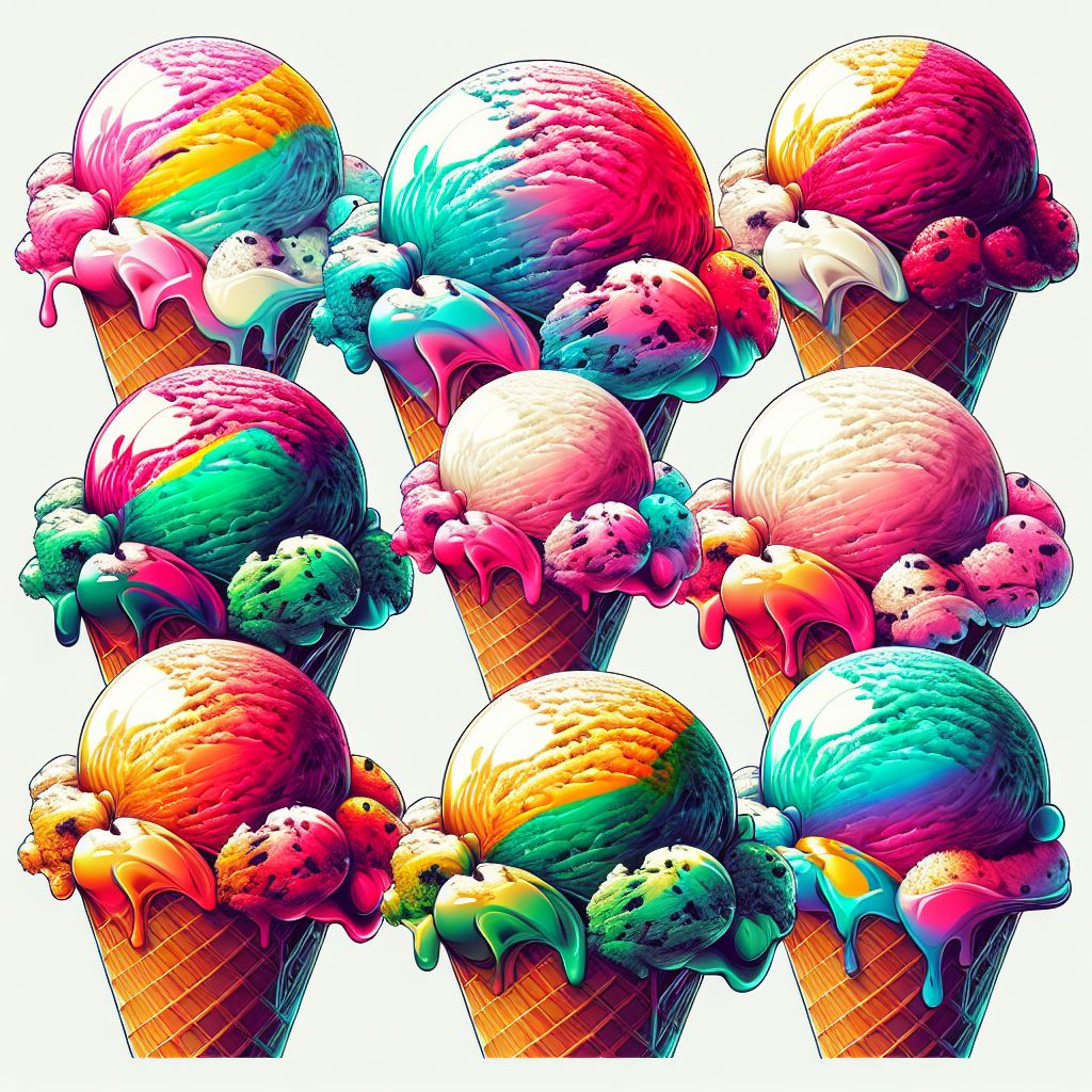 Different flavors of ice cream in illustration style with gradients and white background