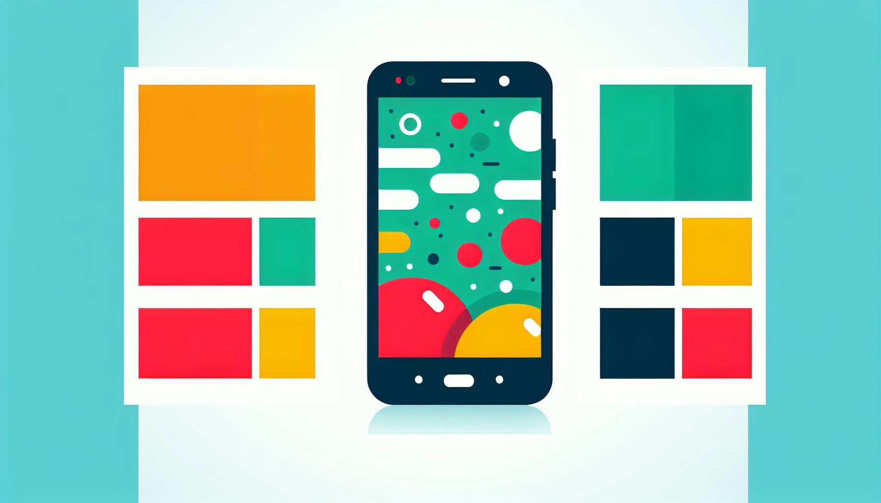 Smartphone in flat illustration style and white background, red #f47574, green #88c7a8, yellow #fcc44b, and blue #645bc8 colors.