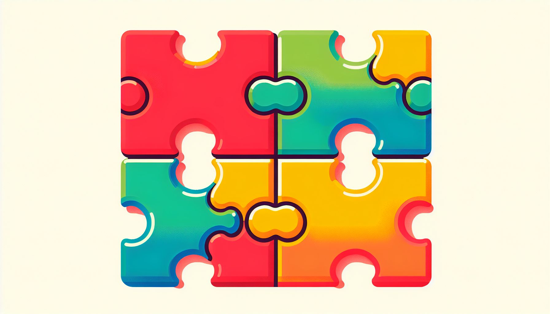 Puzzle in flat illustration style and white background, red #f47574, green #88c7a8, yellow #fcc44b, and blue #645bc8 colors.