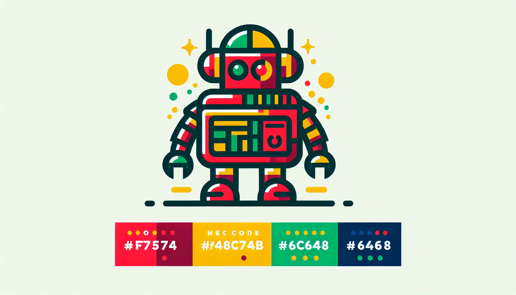 Robot in flat illustration style and white background, red #f47574, green #88c7a8, yellow #fcc44b, and blue #645bc8 colors.
