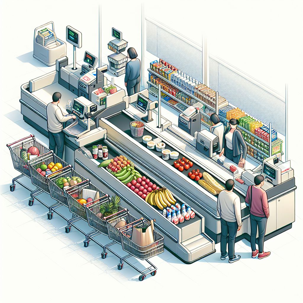 Grocery store checkout in illustration style with gradients and white background