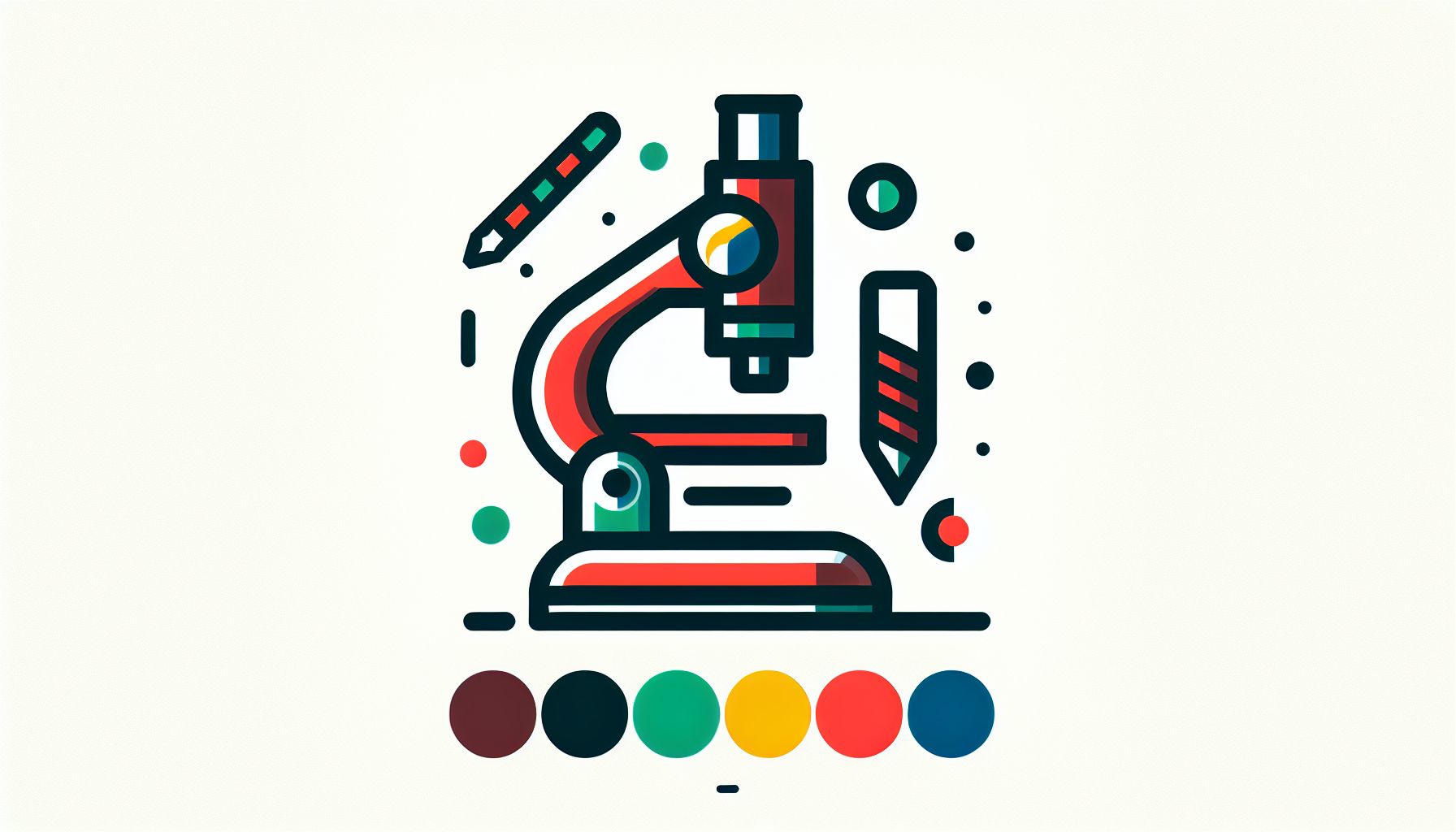 Microscope in flat illustration style and white background, red #f47574, green #88c7a8, yellow #fcc44b, and blue #645bc8 colors.
