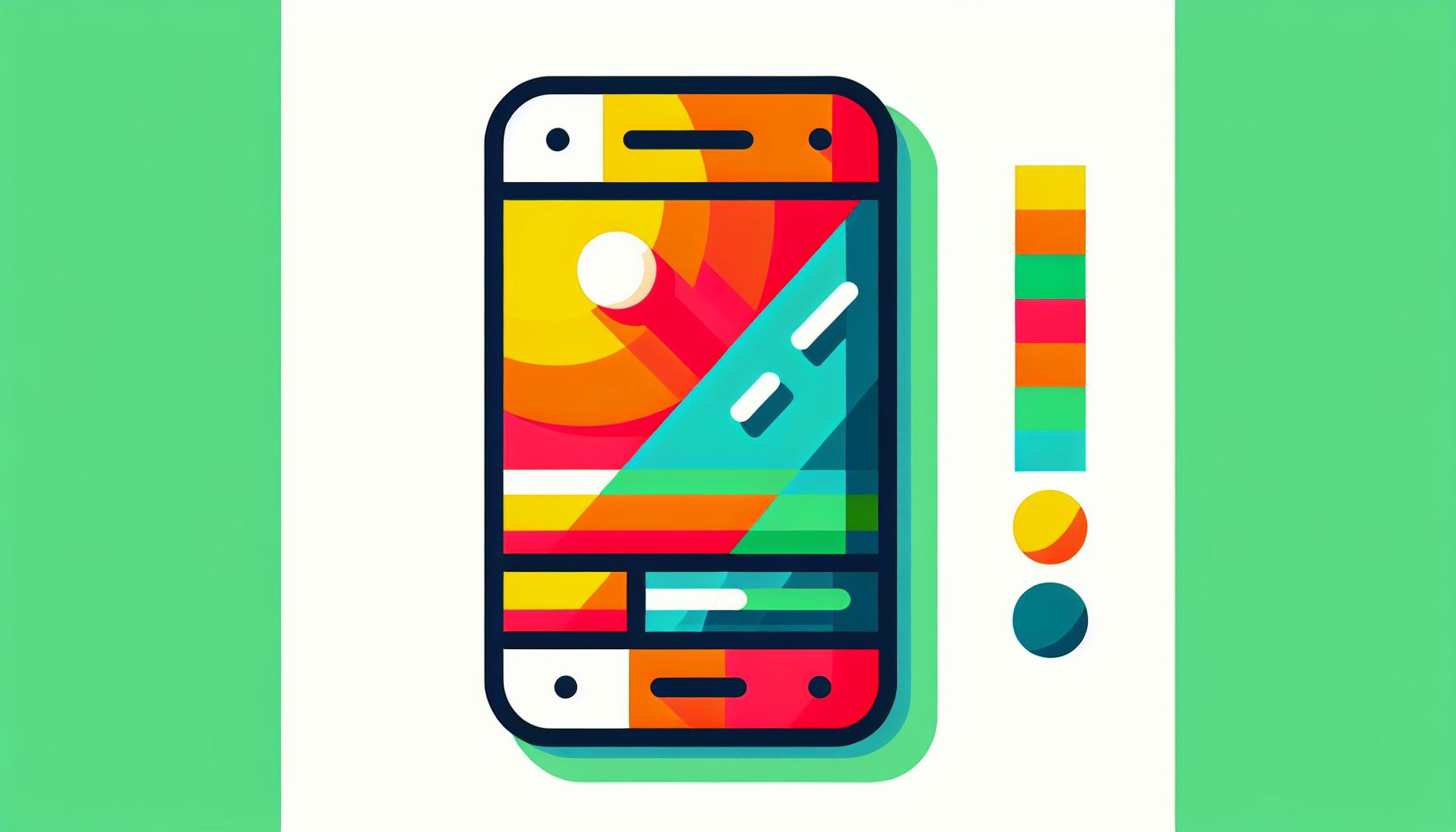 Smartphone in flat illustration style and white background, red #f47574, green #88c7a8, yellow #fcc44b, and blue #645bc8 colors.