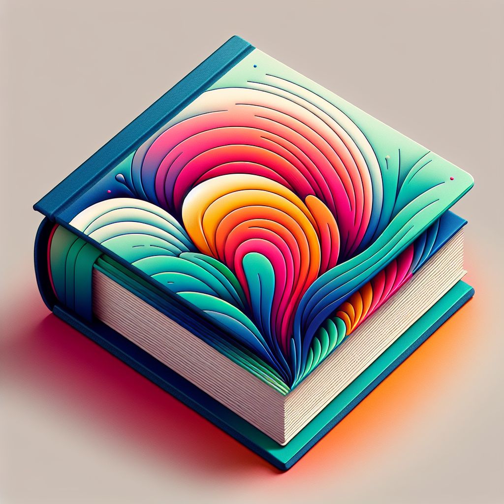 book in illustration style with gradients and white background, f47574, 88c7a8, fcc44b, and 645bc8 colors.
