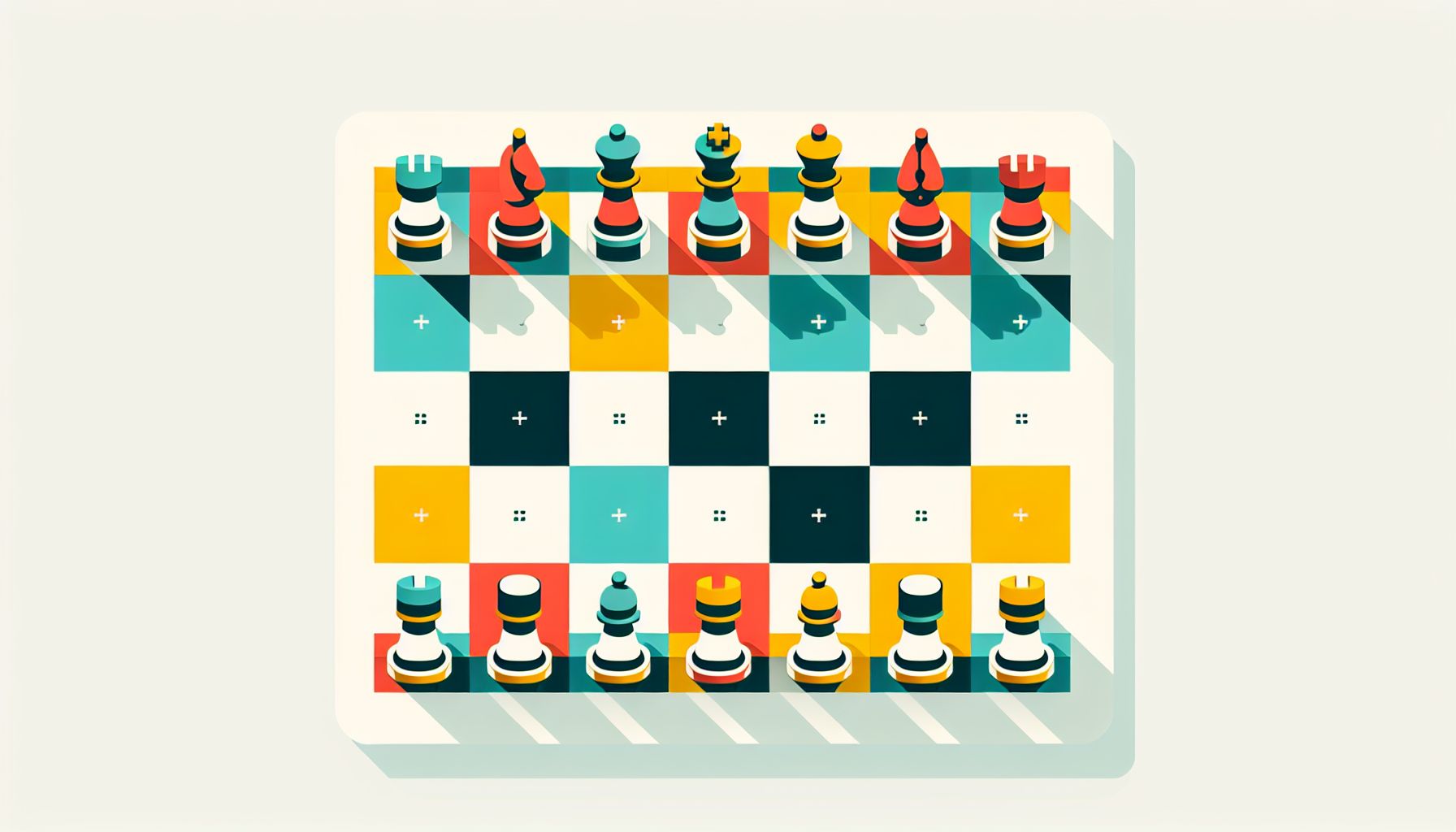 Chessboard in flat illustration style and white background, red #f47574, green #88c7a8, yellow #fcc44b, and blue #645bc8 colors.