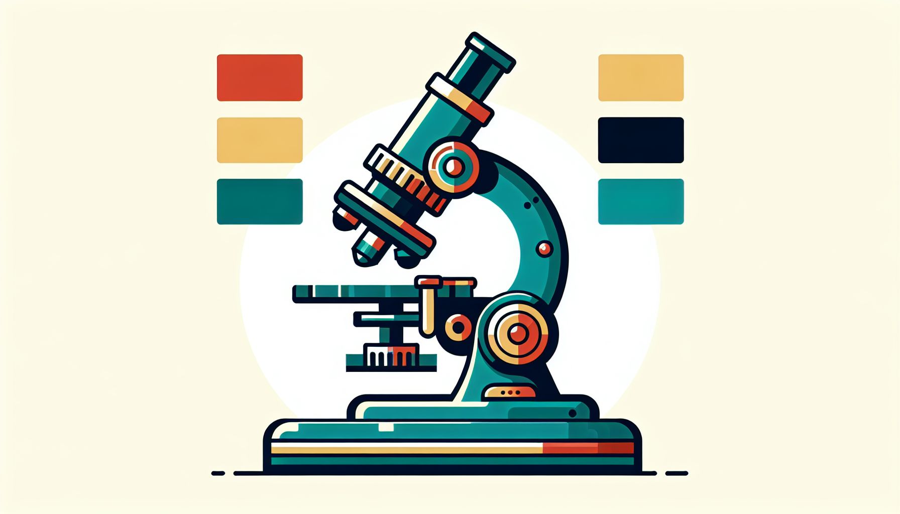 Microscopio en estilo de ilustración plana y fondo blanco, colores rojo #f47574, verde #88c7a8, amarillo #fcc44b y azul #645bc8.