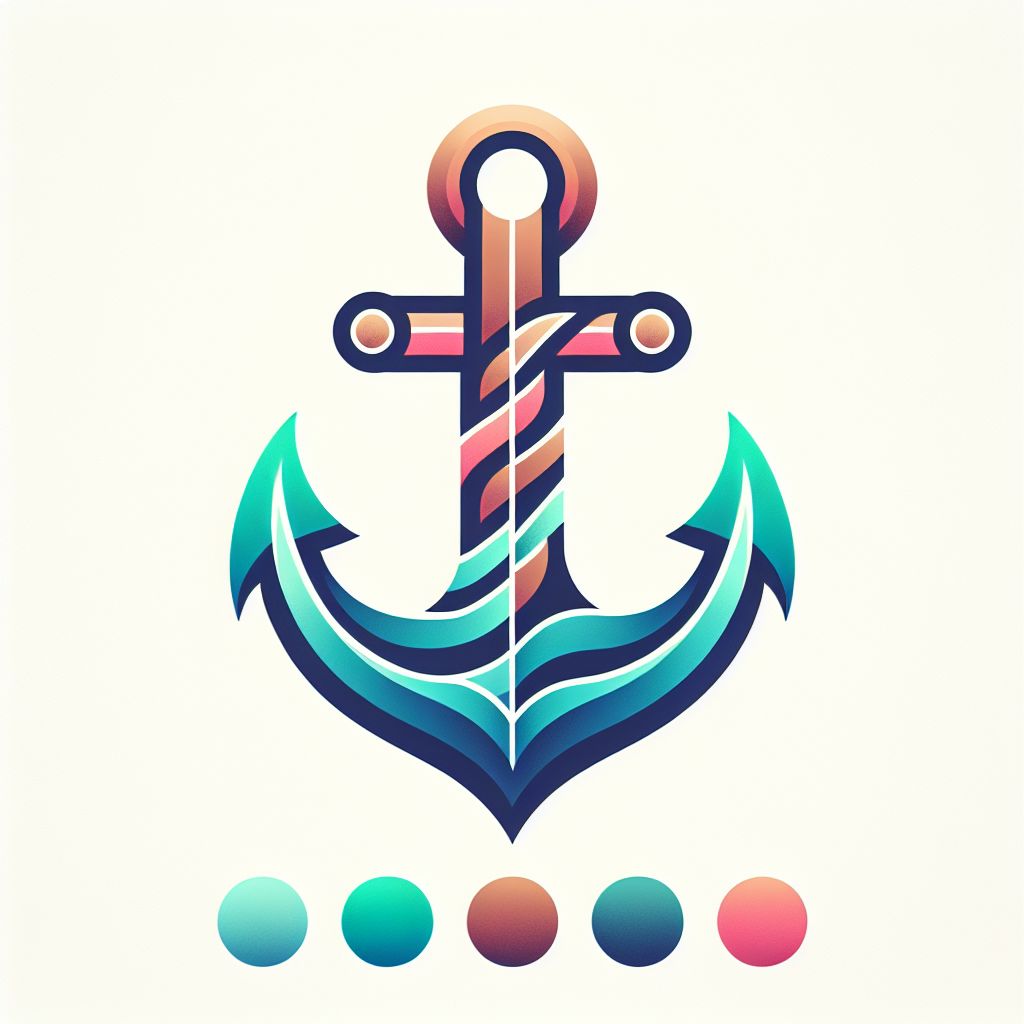 anchor in illustration style with gradients and white background, f47574, 88c7a8, fcc44b, and 645bc8 colors.