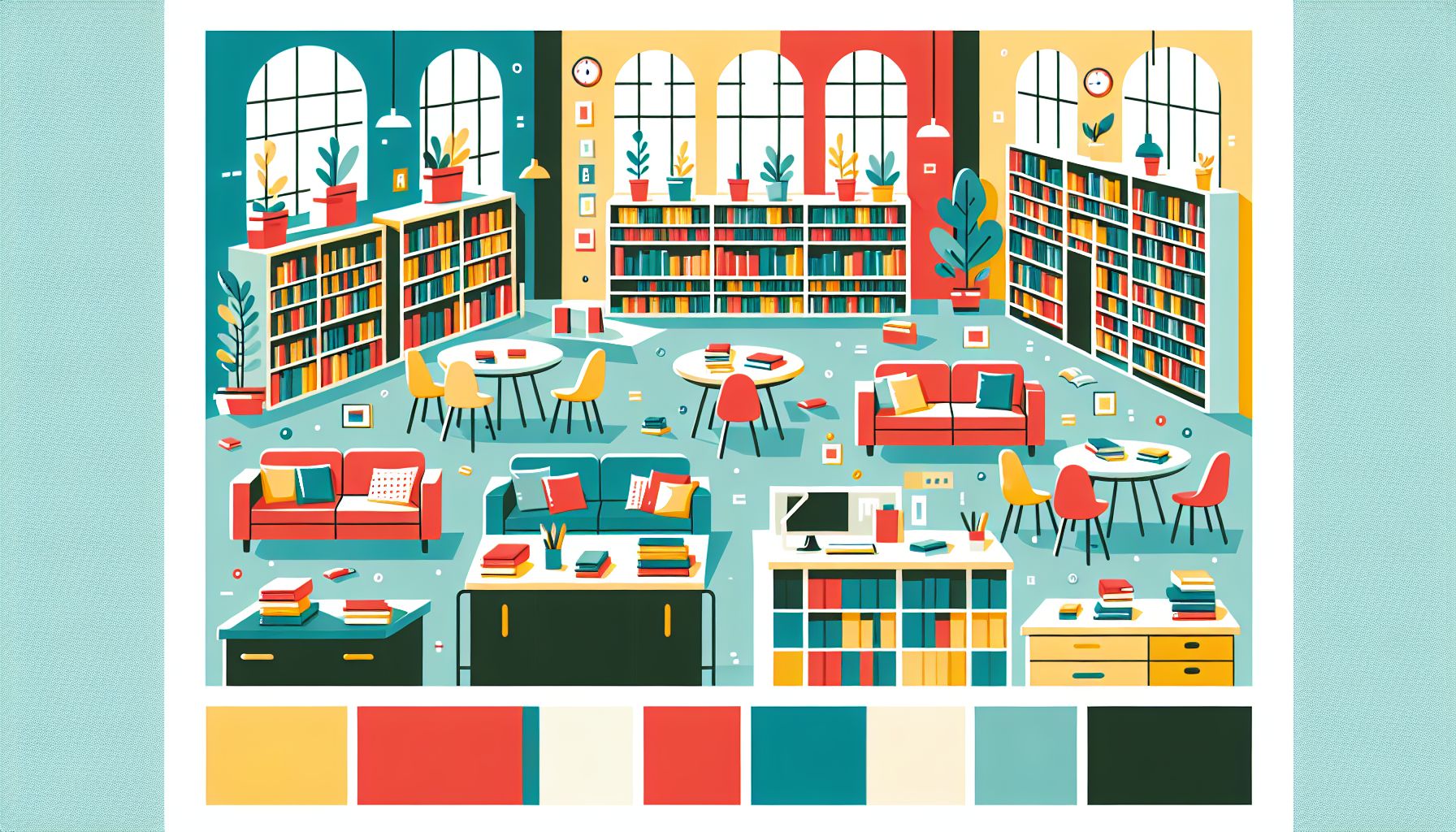 Library in flat illustration style and white background, red #f47574, green #88c7a8, yellow #fcc44b, and blue #645bc8 colors.