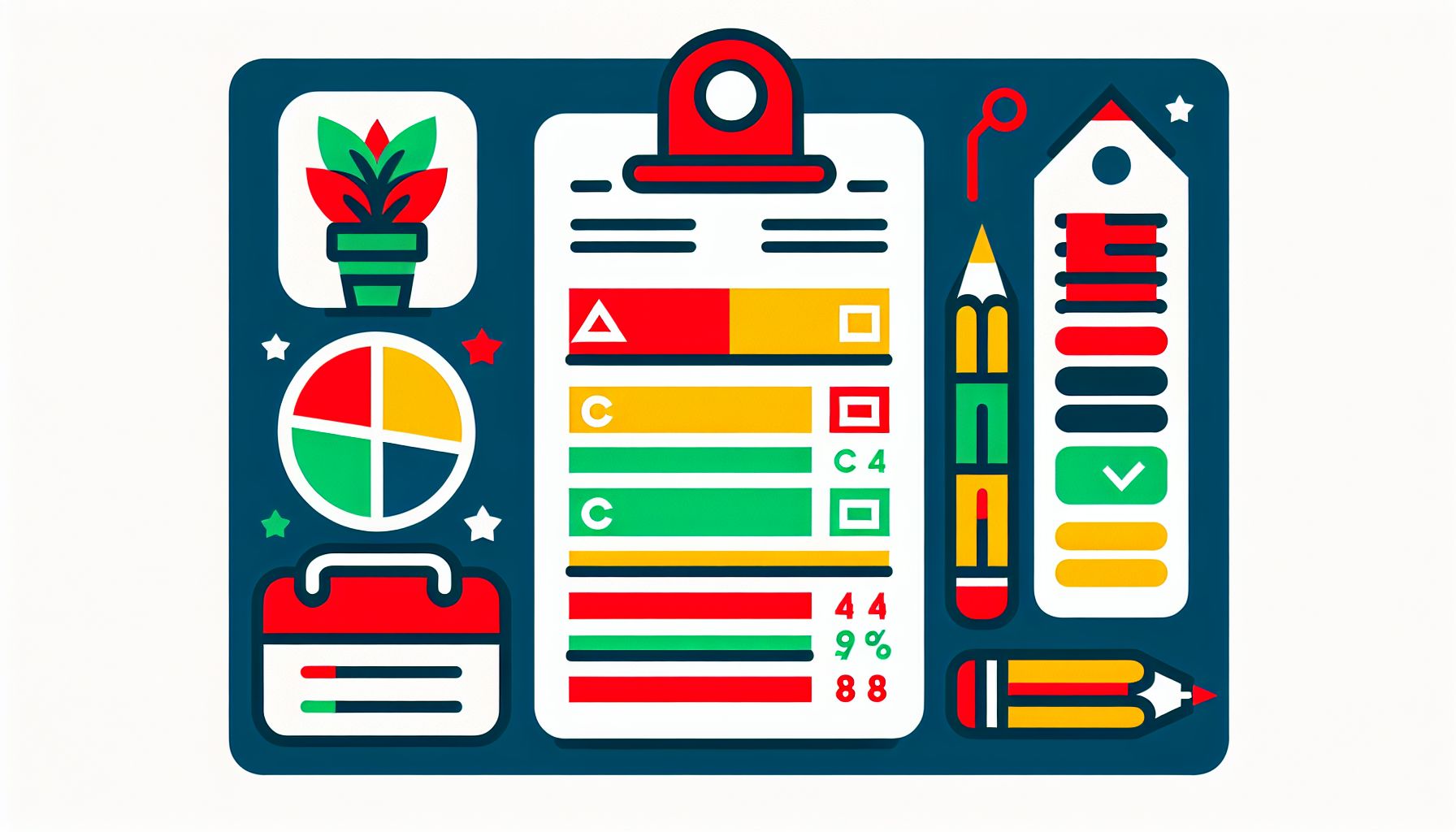 Report Card in flat illustration style and white background, red #f47574, green #88c7a8, yellow #fcc44b, and blue #645bc8 colors.