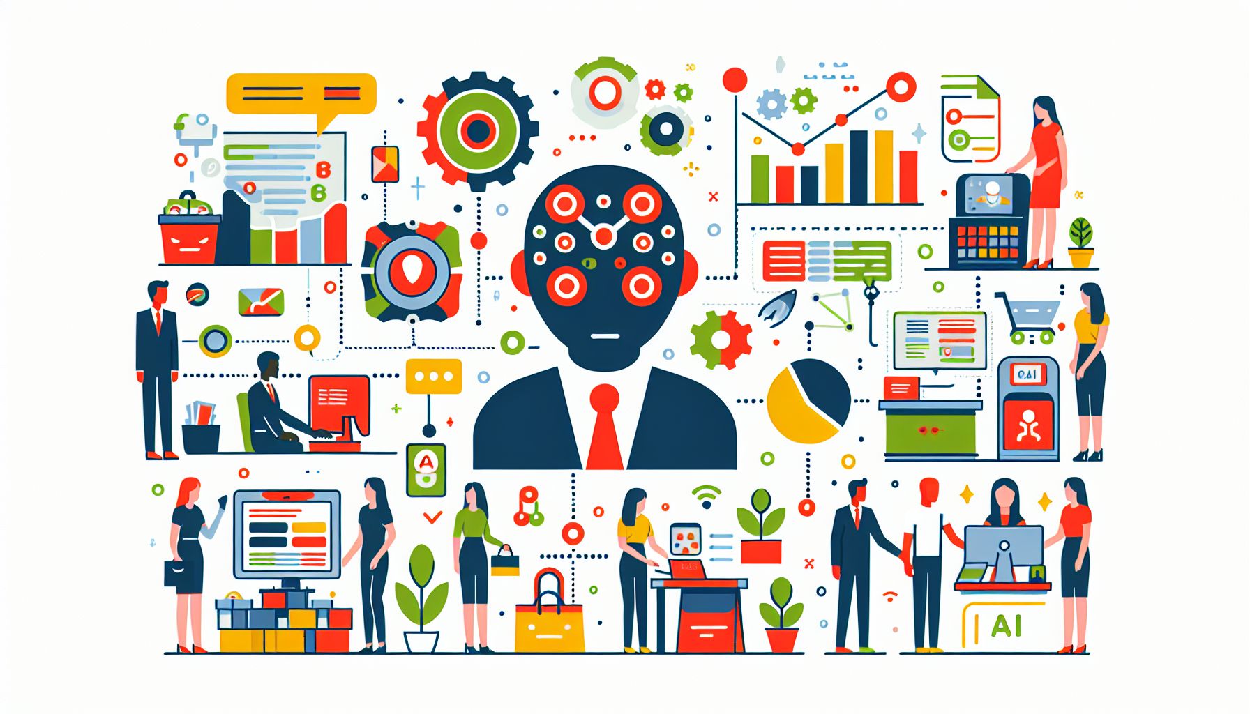 How can AI be used for small businesses? in flat illustration style and white background, red #f47574, green #88c7a8, yellow #fcc44b, and blue #645bc8 colors.