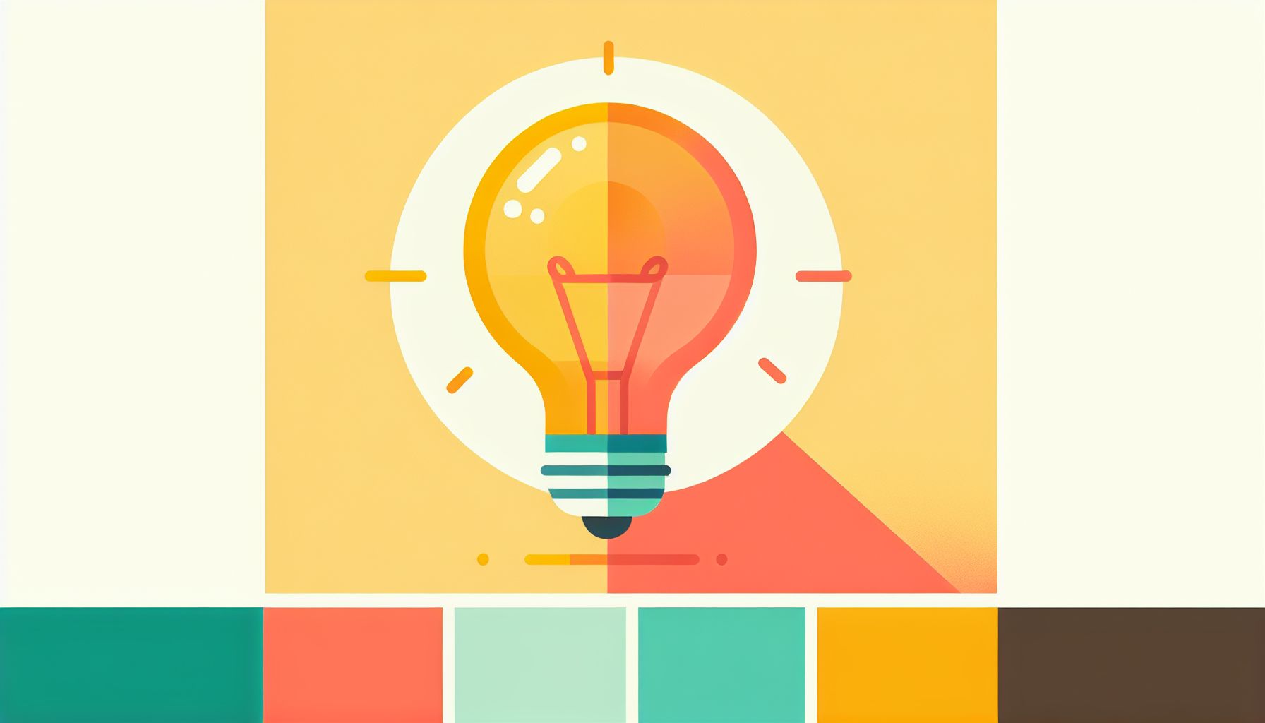 Lightbulb in flat illustration style and white background, red #f47574, green #88c7a8, yellow #fcc44b, and blue #645bc8 colors.