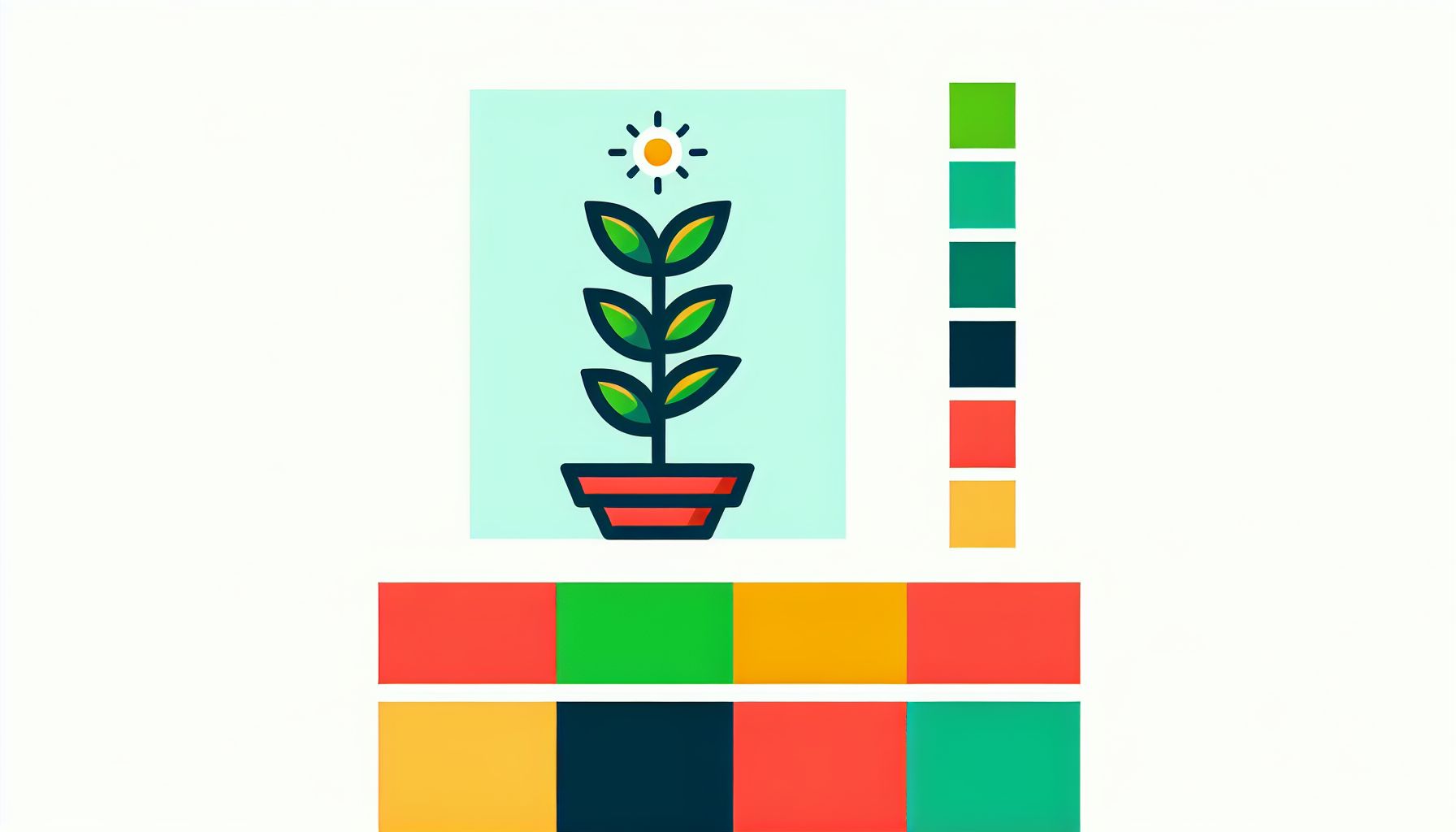 Seedling in flat illustration style and white background, red #f47574, green #88c7a8, yellow #fcc44b, and blue #645bc8 colors.