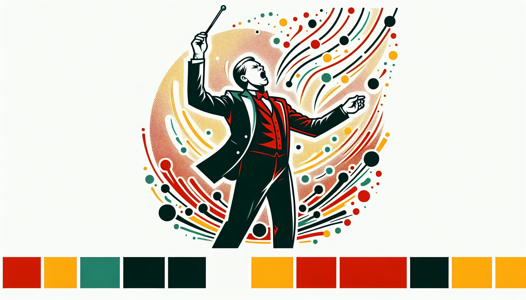 Conductor in flat illustration style and white background, red #f47574, green #88c7a8, yellow #fcc44b, and blue #645bc8 colors.
