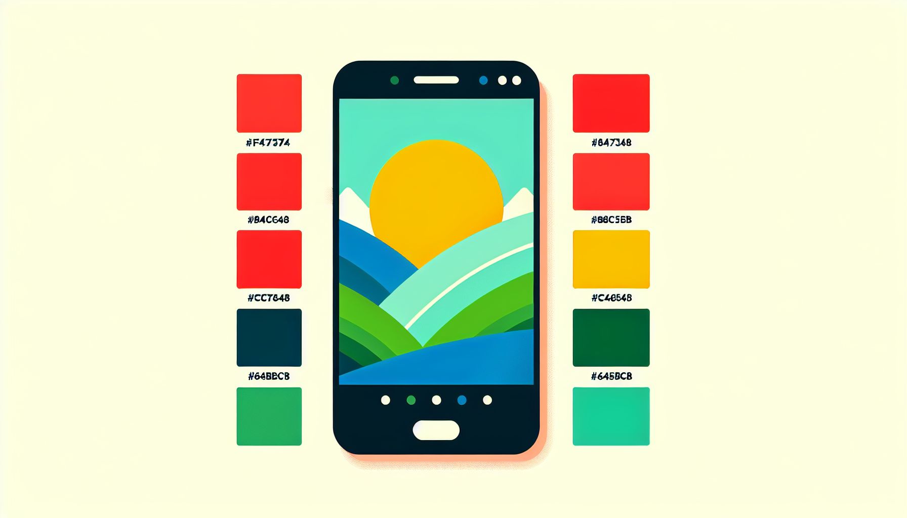 Smartphone in flat illustration style and white background, red #f47574, green #88c7a8, yellow #fcc44b, and blue #645bc8 colors.