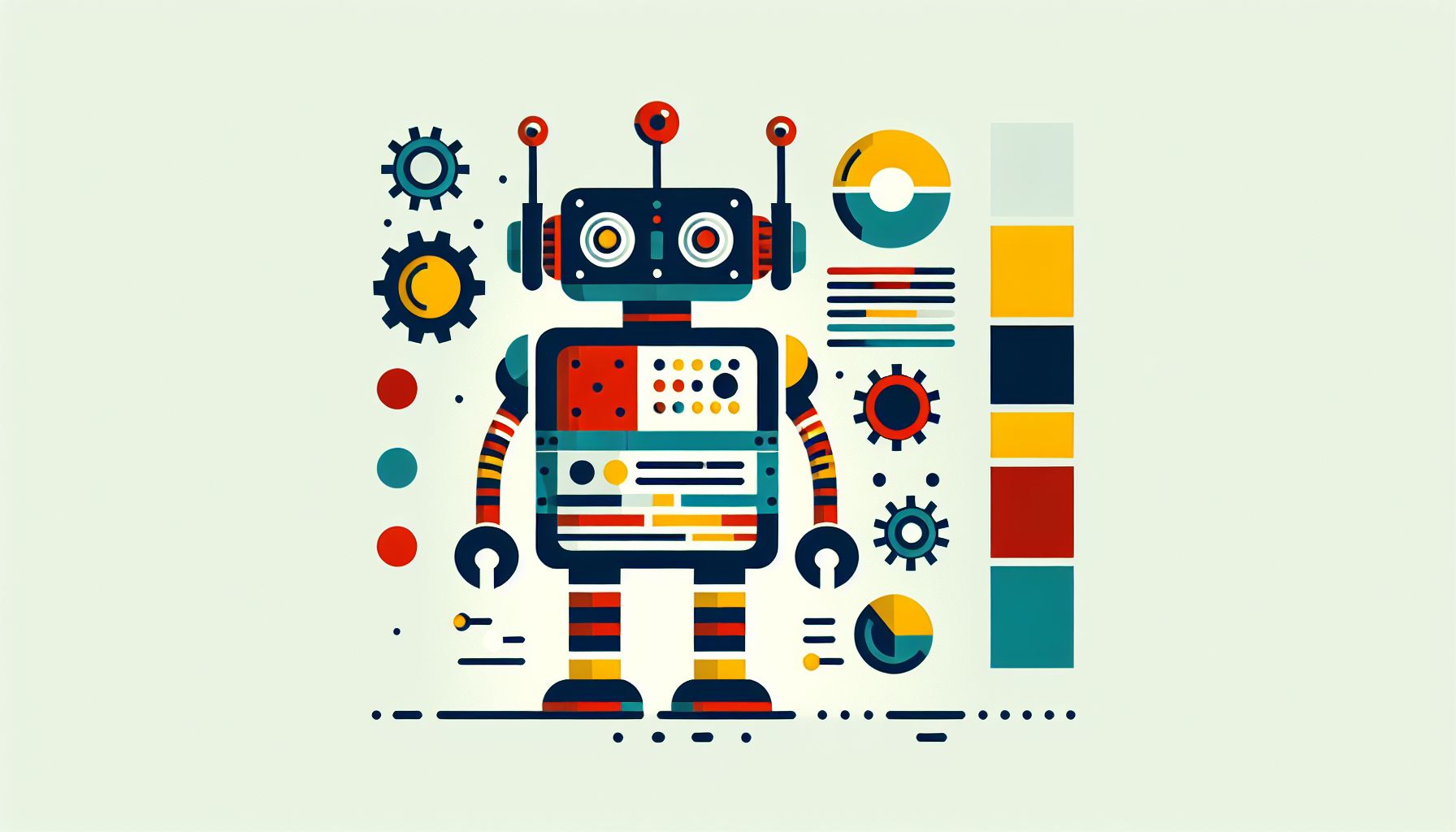 Robot in flat illustration style and white background, red #f47574, green #88c7a8, yellow #fcc44b, and blue #645bc8 colors.
