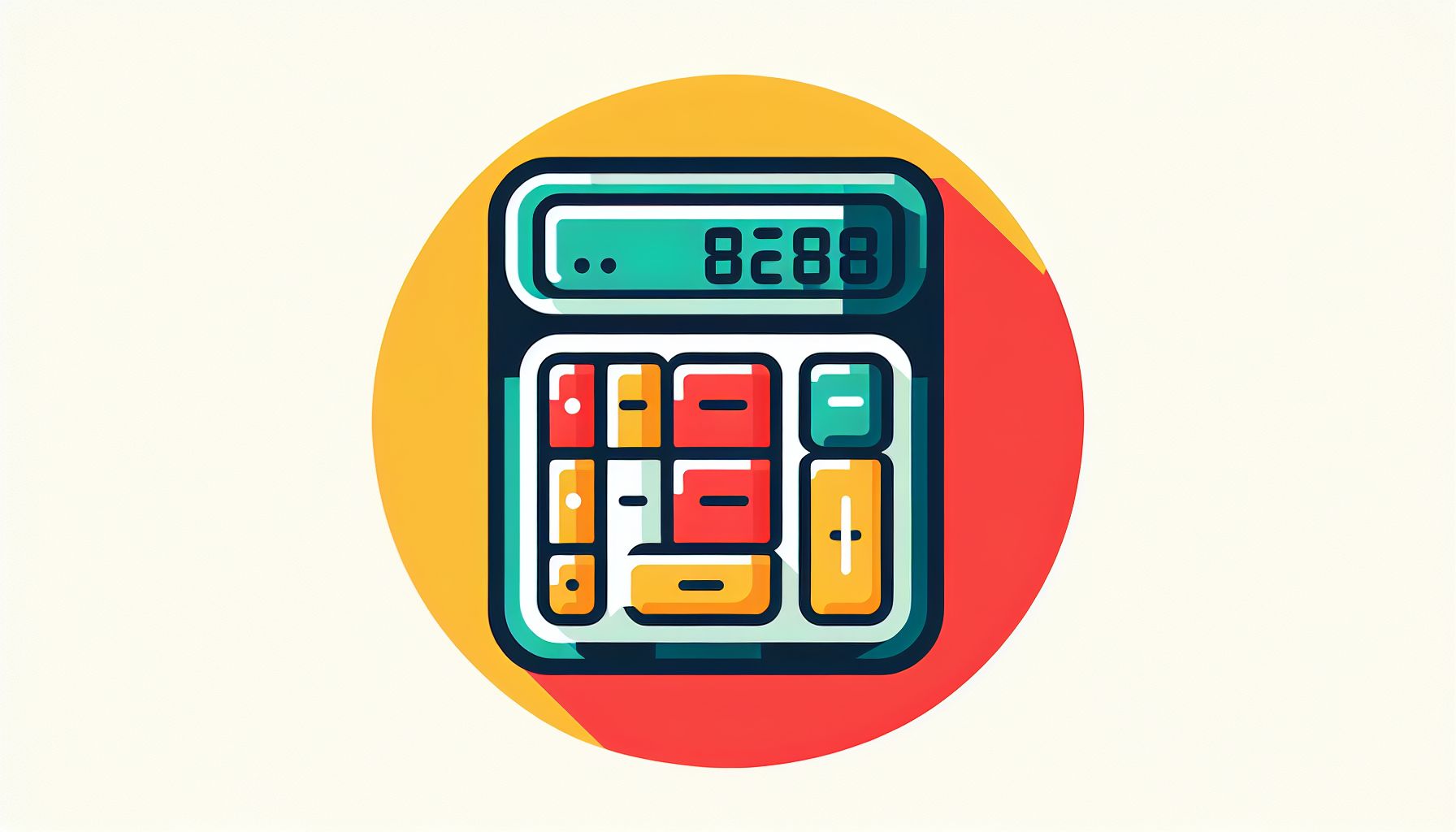 Calculator in flat illustration style and white background, red #f47574, green #88c7a8, yellow #fcc44b, and blue #645bc8 colors.
