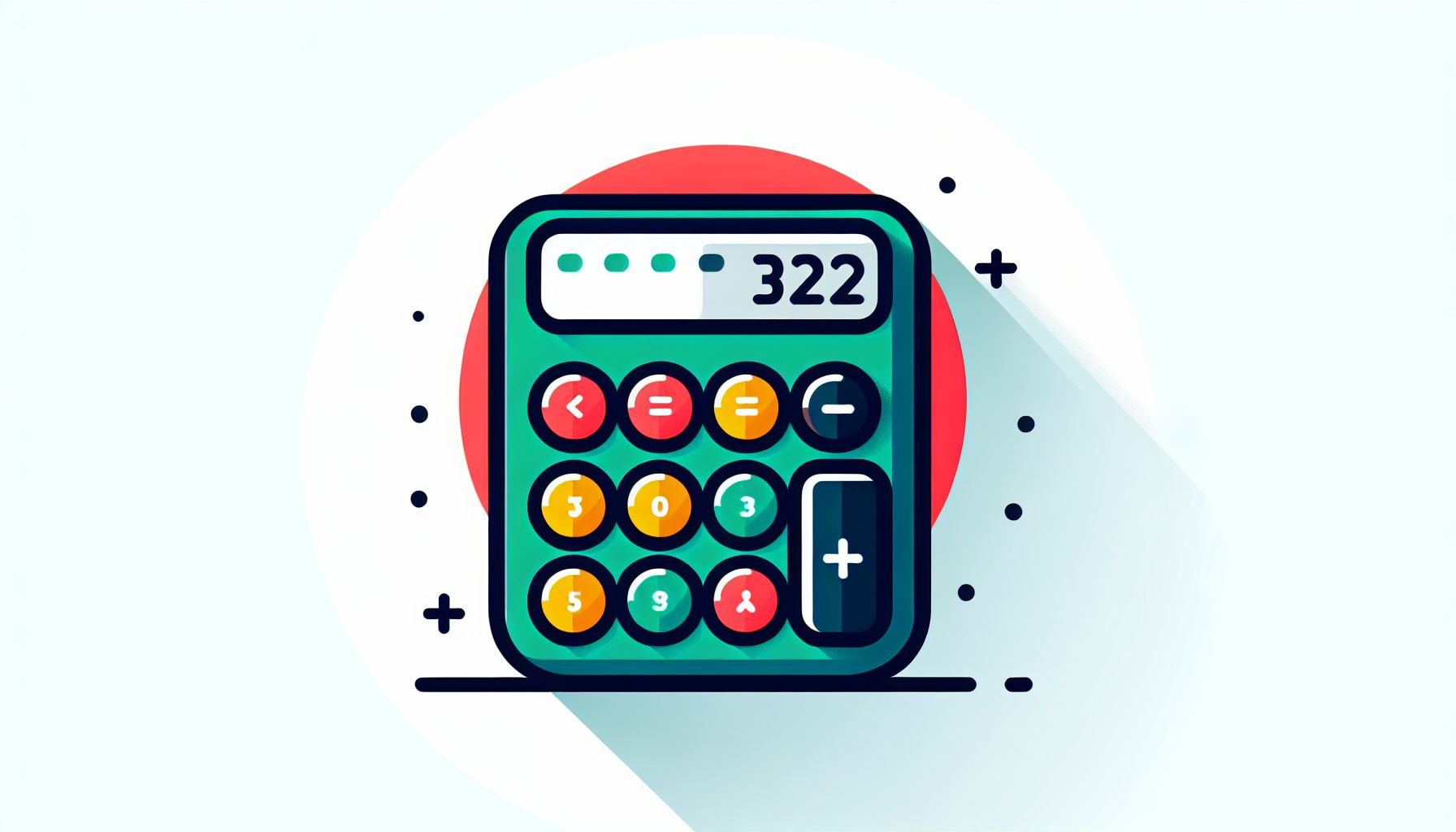 Calculator in flat illustration style and white background, red #f47574, green #88c7a8, yellow #fcc44b, and blue #645bc8 colors.