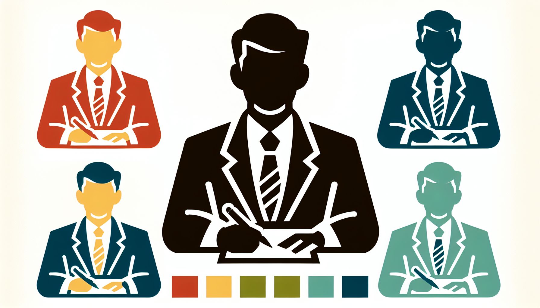 Advisor in flat illustration style and white background, red #f47574, green #88c7a8, yellow #fcc44b, and blue #645bc8 colors.